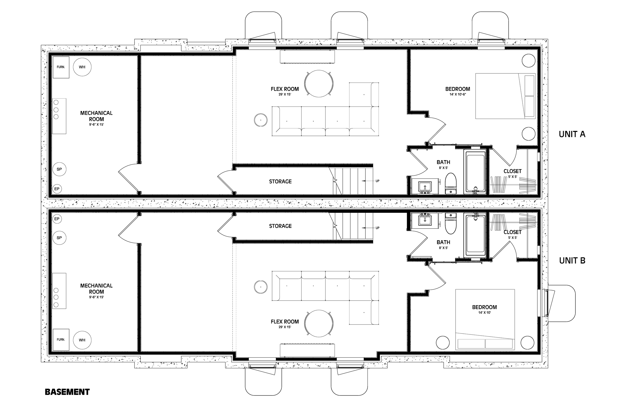 Basement plan of the Wren duplex, showing a flex room, bedroom, full bath, closet, storage, and mechanical room in each unit.