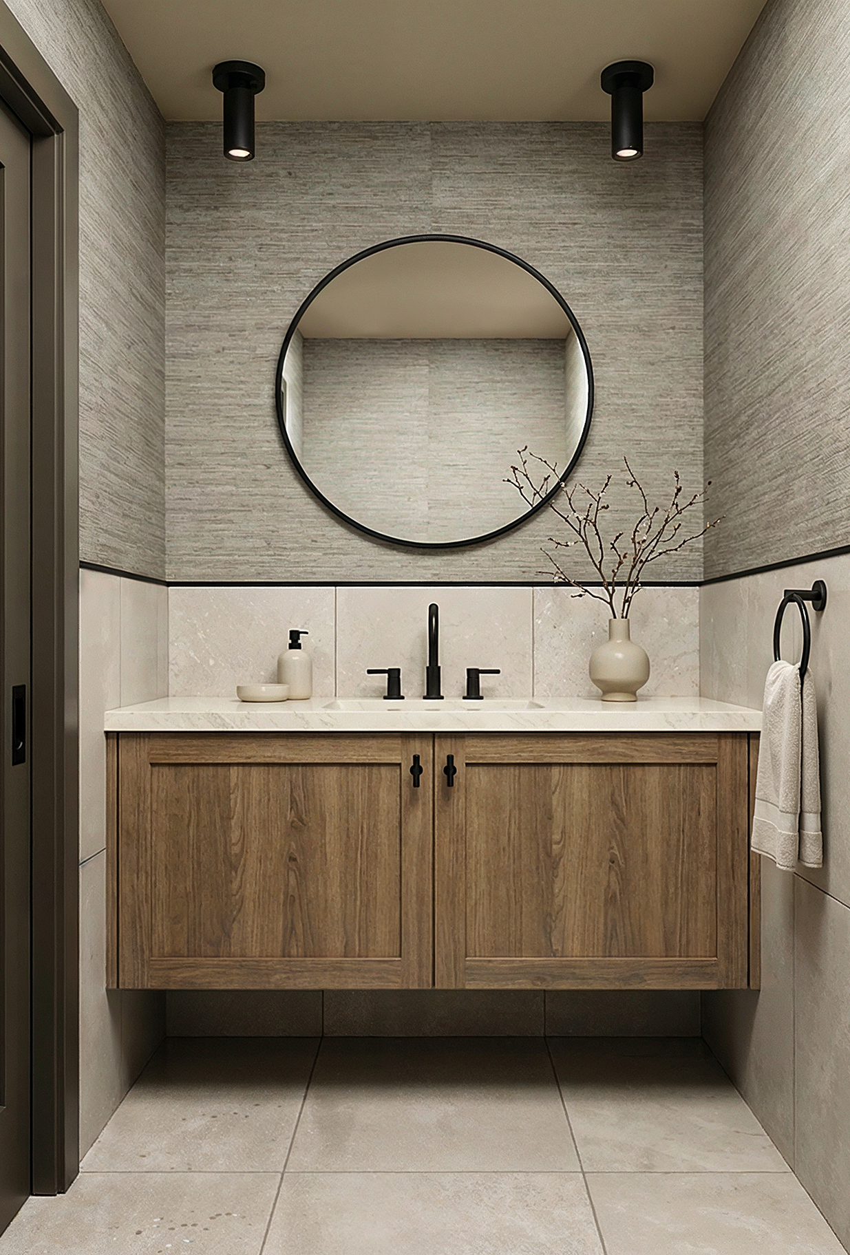 The first-level powder room of the Wyandot duplex, with textured grasscloth walls, a floating walnut vanity, marble counter, and a round black mirror.