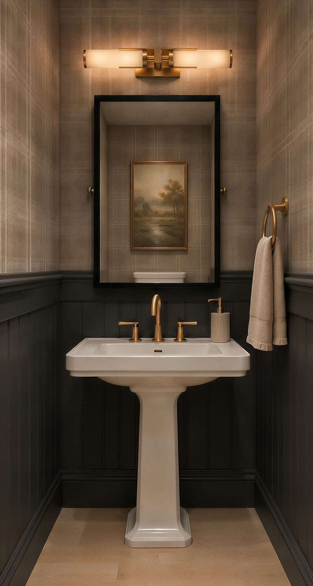 Main level powder room at Blythe with textured plaid wallcovering, dark beadboard wainscot, a white pedestal sink, a black framed mirror, and a brass vanity light.