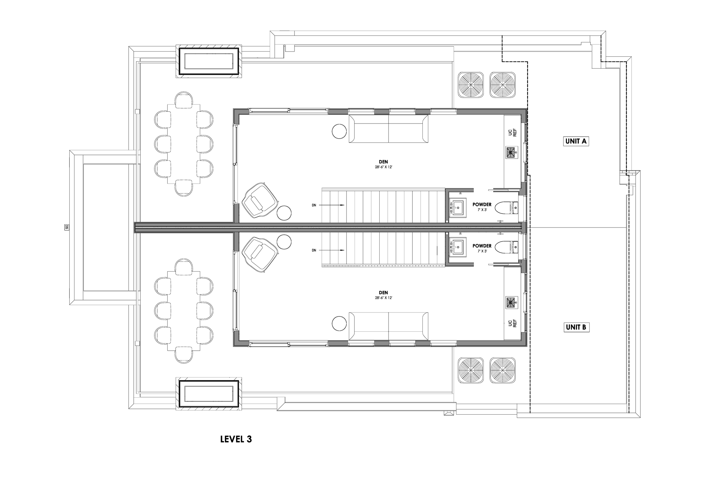 Level three floor plan of the Blythe duplex, showing a den, wet bar, powder room, and roof deck in each unit.