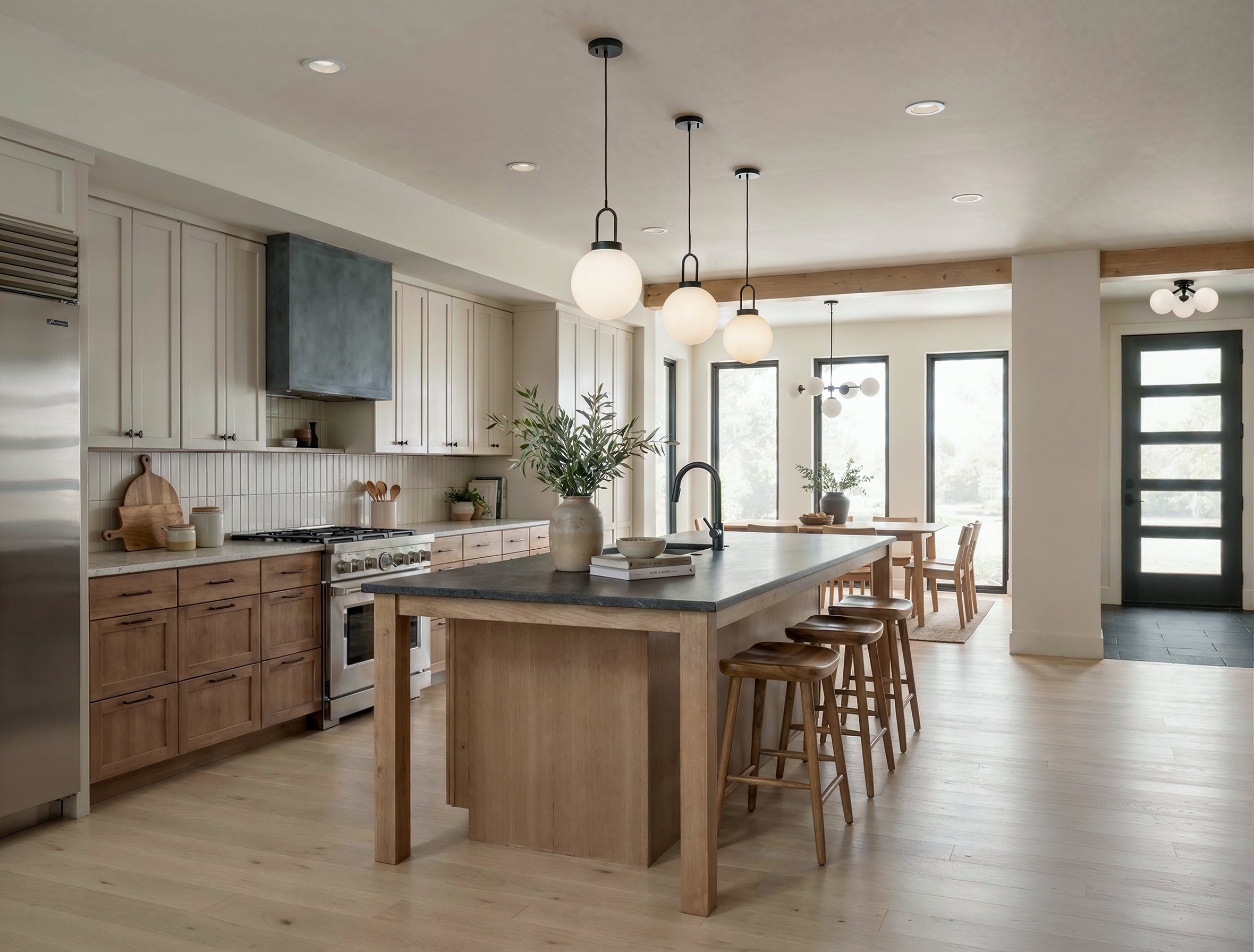 The kitchen of the Wyandot duplex, with cream perimeter cabinetry, a wood-clad island, dark range hood, and globe pendants over the island.
