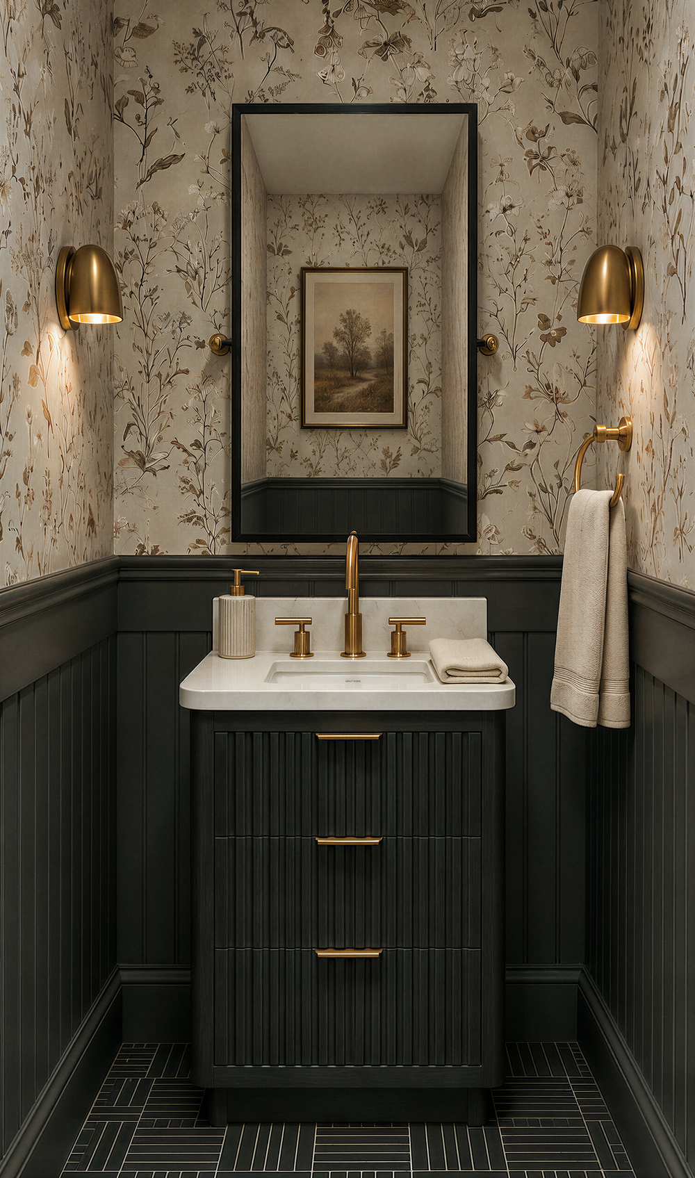 Third floor powder room at Blythe with botanical wallpaper, dark beadboard wainscot, a fluted dark vanity with brass pulls, brass dome sconces, and a dark mosaic tile floor.