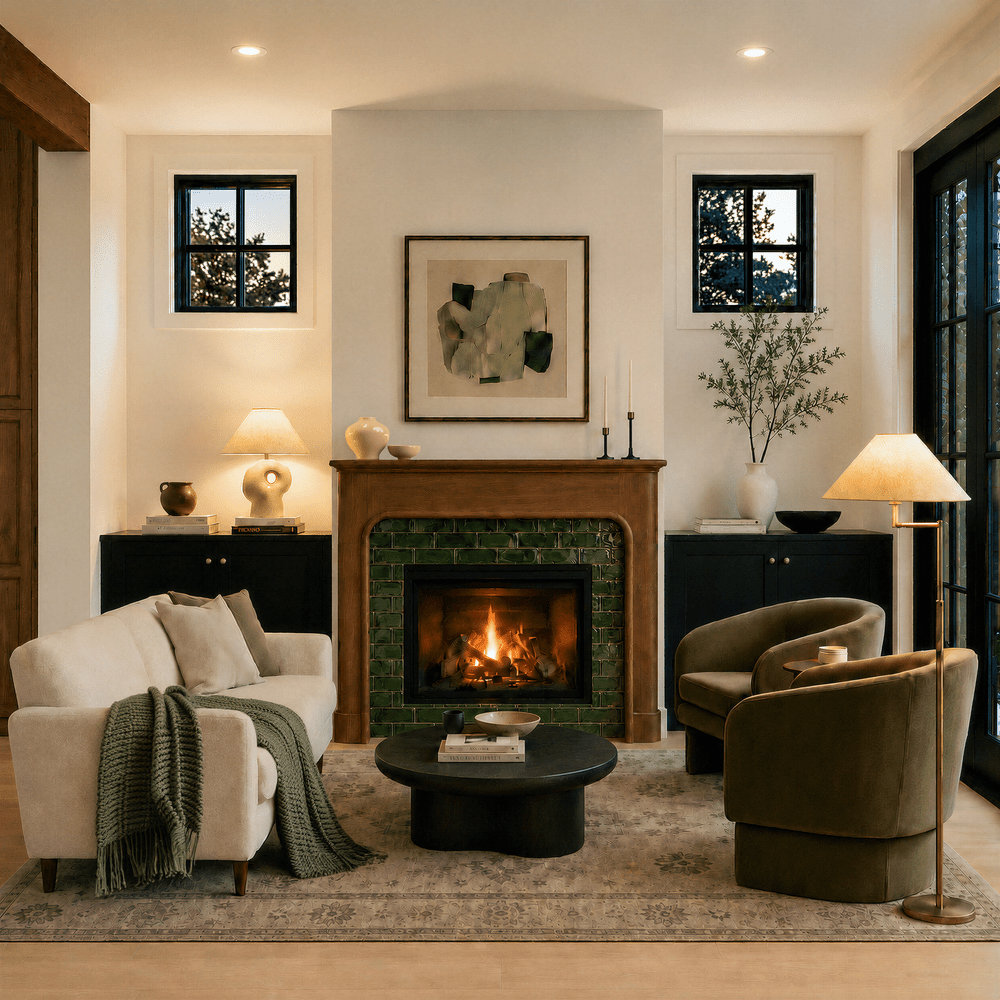 Living room at Blythe with a green glazed tile fireplace surround, arched wood mantel, black flanking cabinets, and black steel windows.