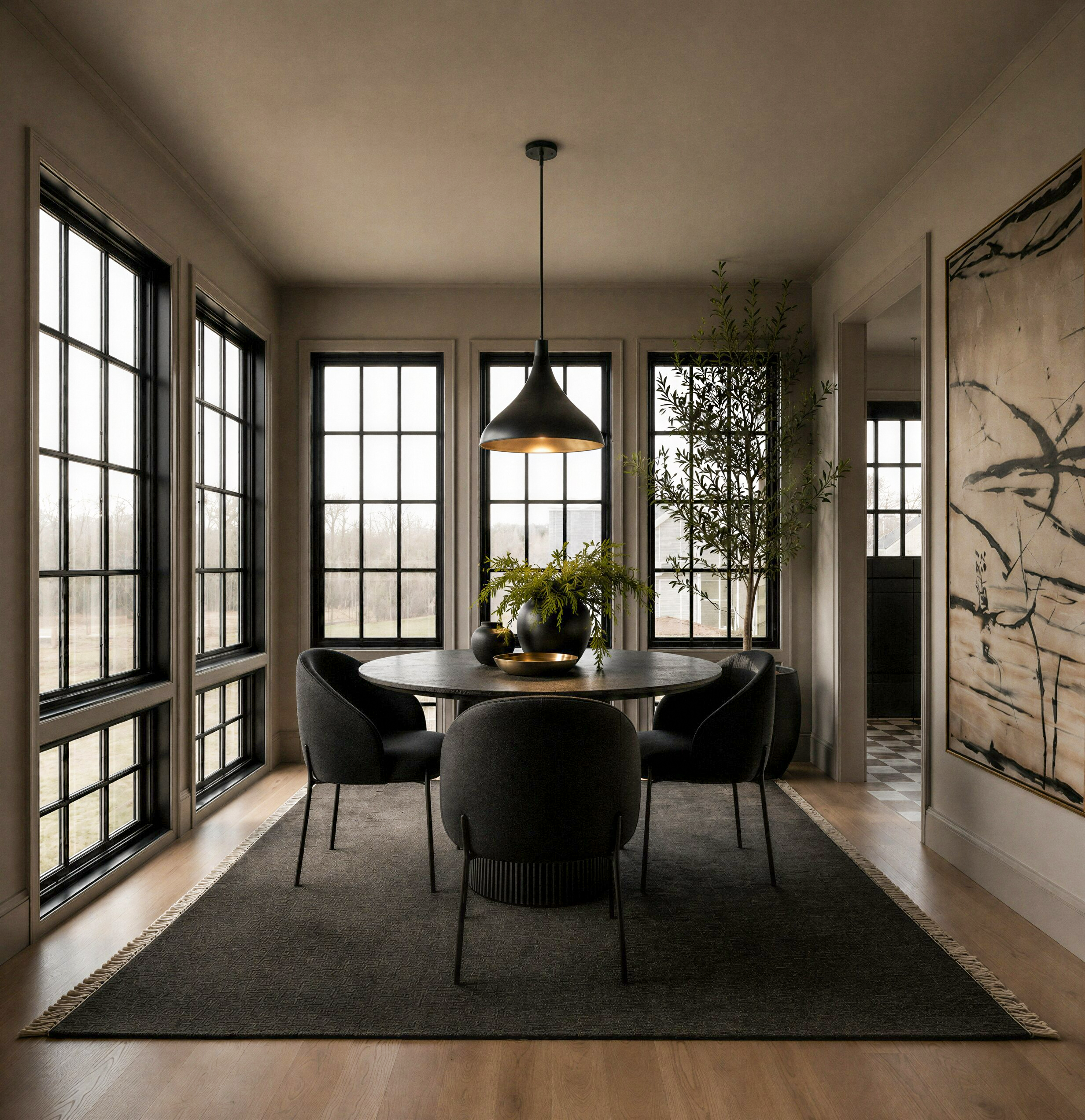 The dining nook of the Perry home, wrapped in windows on two sides with a grounding pendant overhead.