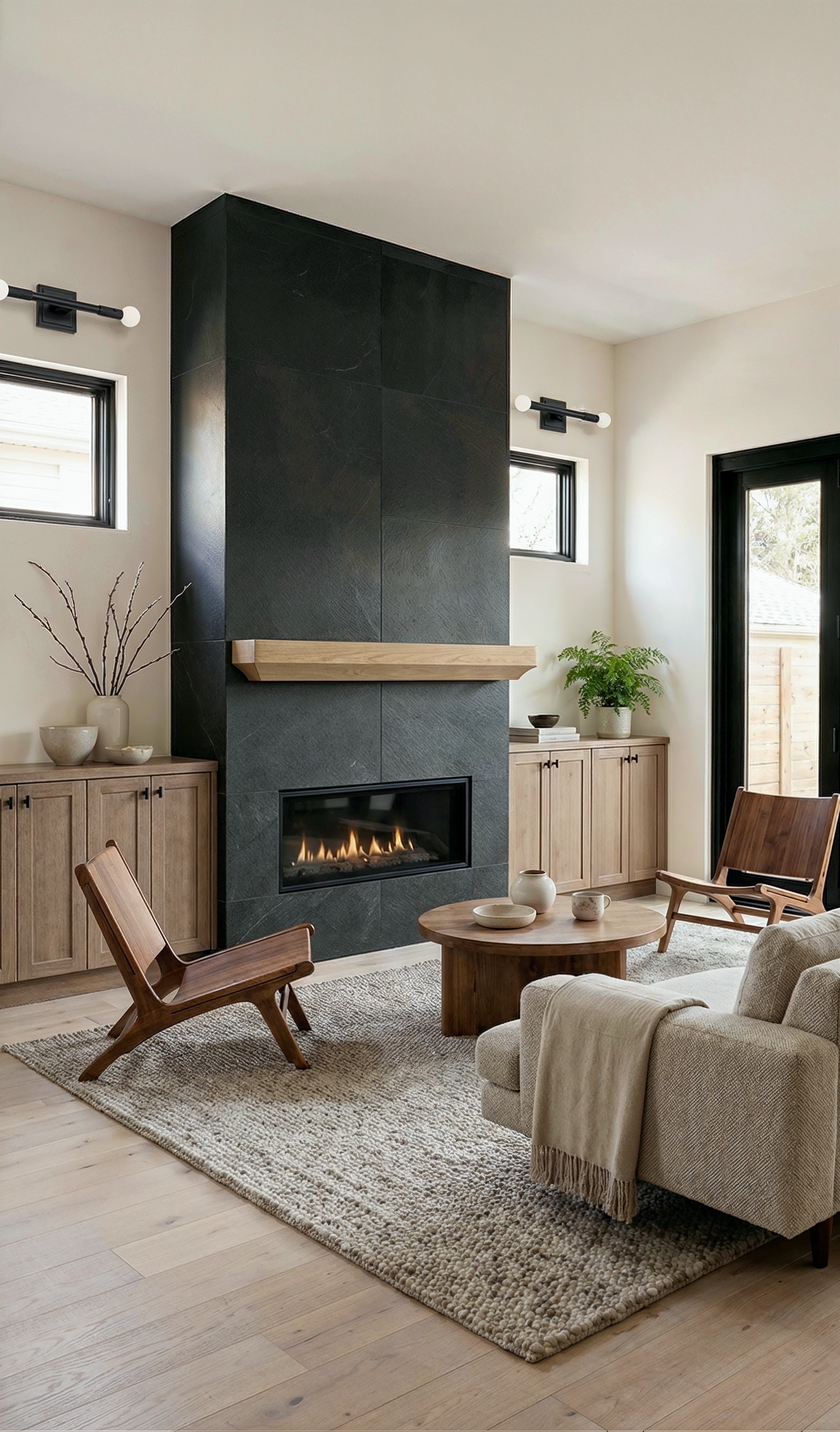 Living room featuring a black stone fireplace with a wooden mantel, beige sofa with a throw blanket, wooden dining table, modern chairs, a rug, and wooden sideboards with decorative plants and vases, sunlight coming through windows and a sliding glass door.