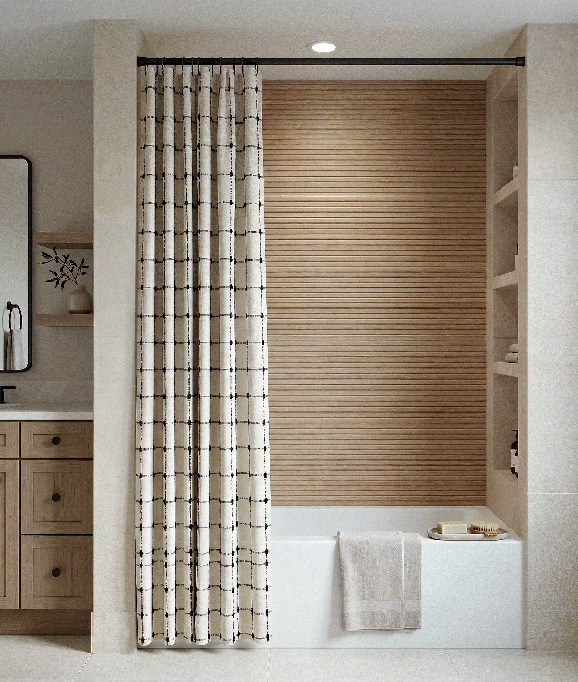 A hall bathroom in the Wyandot duplex, with a horizontally clad wood feature wall behind the tub, a built-in niche, a wood vanity, and a patterned shower curtain.
