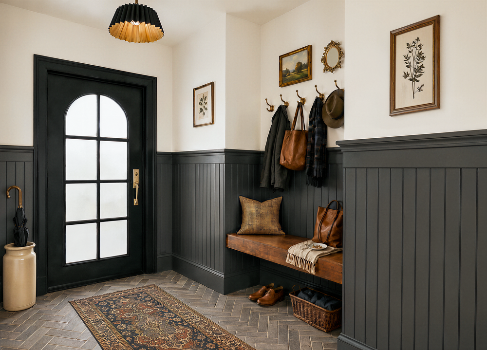 Foyer at Blythe with a black arched entry door, dark beadboard wainscot, brass hooks over a wood bench, and herringbone tile flooring.