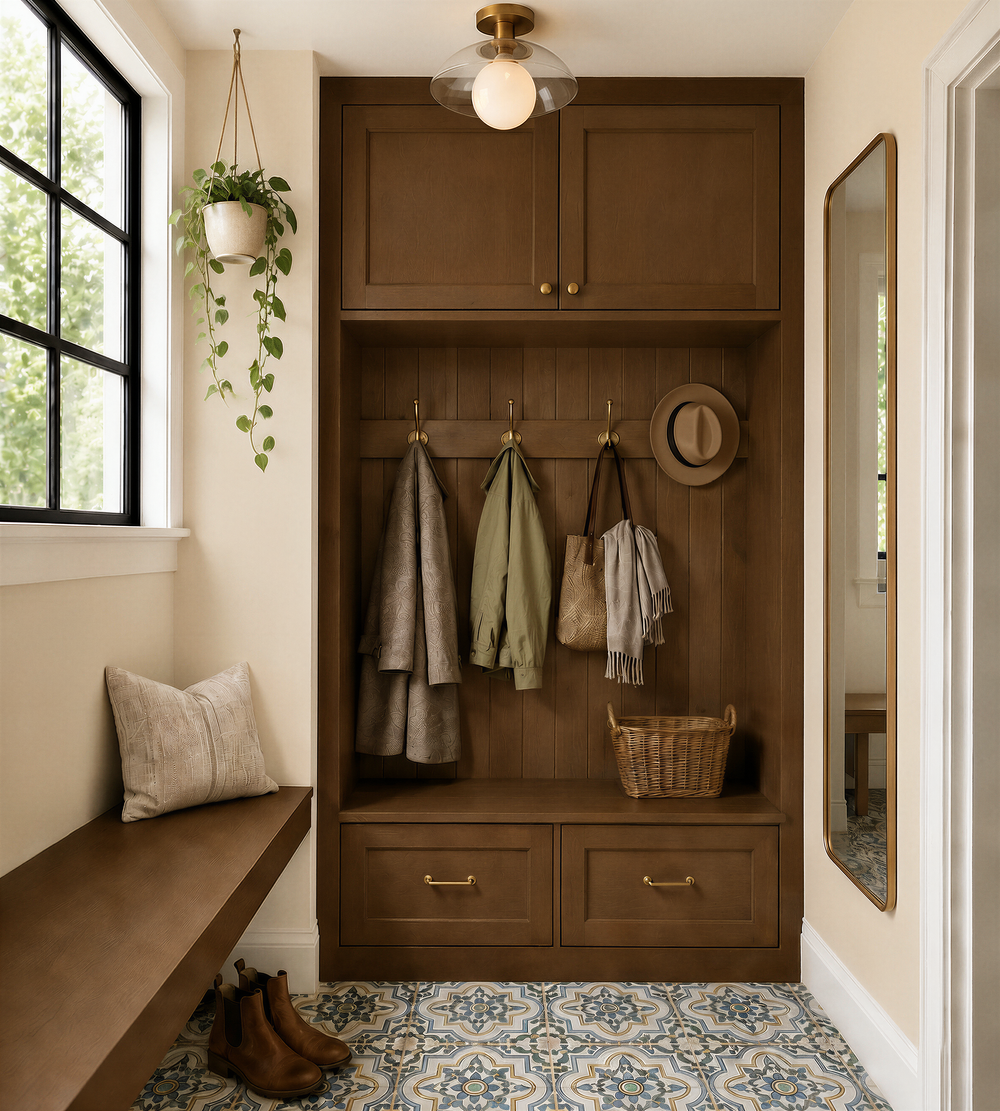 Mudroom at Blythe with a built-in wood locker, bench, brass hooks, drawers below, and hand painted blue and gold tile on the floor.