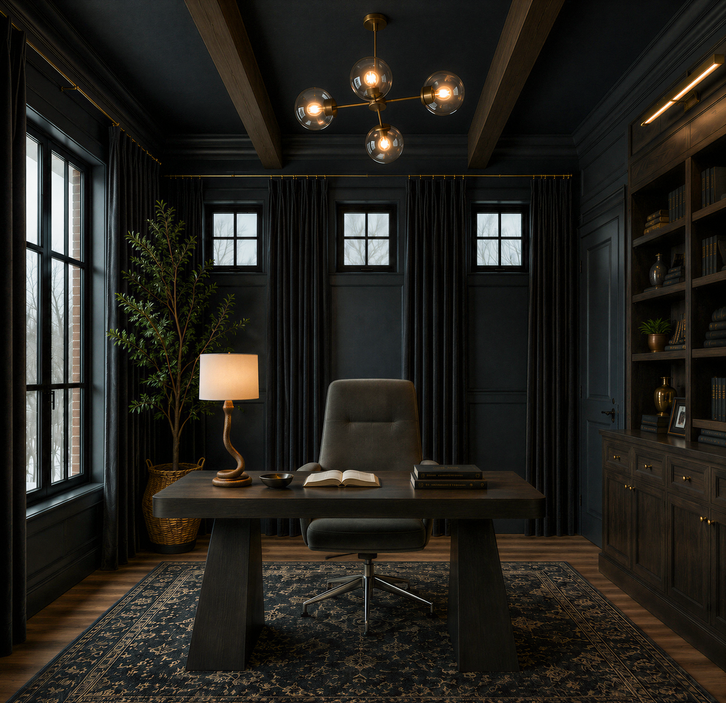 The study of the Perry home, color-drenched in deep blue-black with built-in shelving and brass accents.
