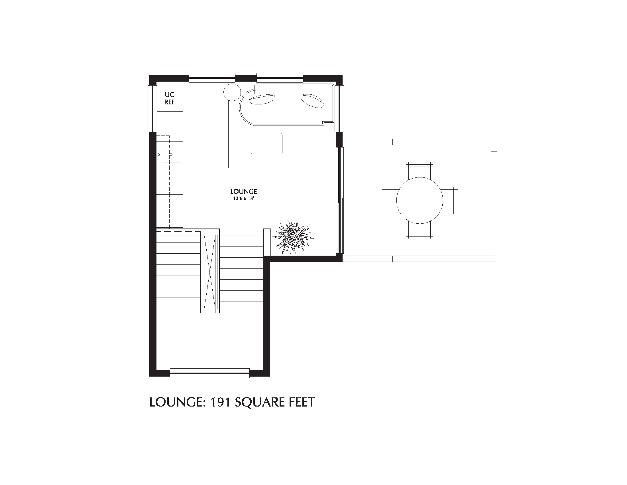 Perry third floor plan: lounge with wet bar opening to a rooftop deck, 191 square feet