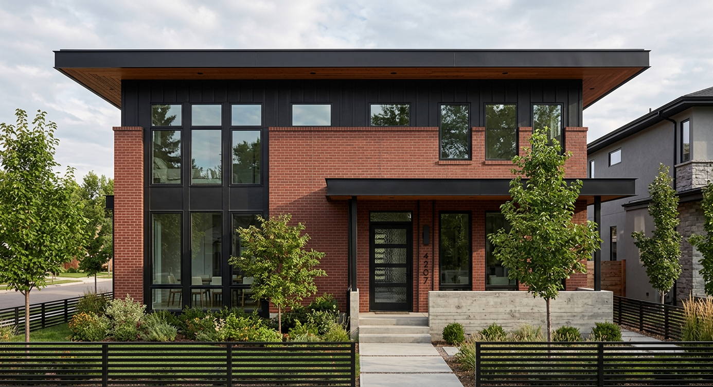 Aerial architectural rendering of the Wyandot duplex by Sloan Building Co., showing the rooftop deck and surrounding Sunnyside neighborhood.