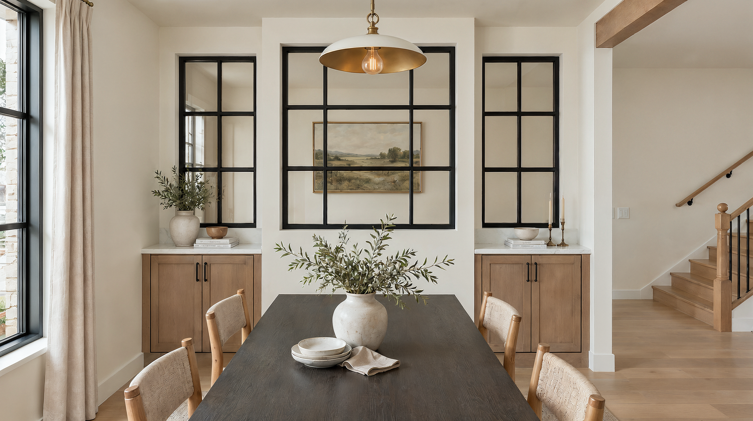Dining room at Nora with three black steel interior windows borrowing light from the entry, built-in maple cabinets on either side, a brass dome pendant, a dark wood table, and a wood beam at the opening beyond.