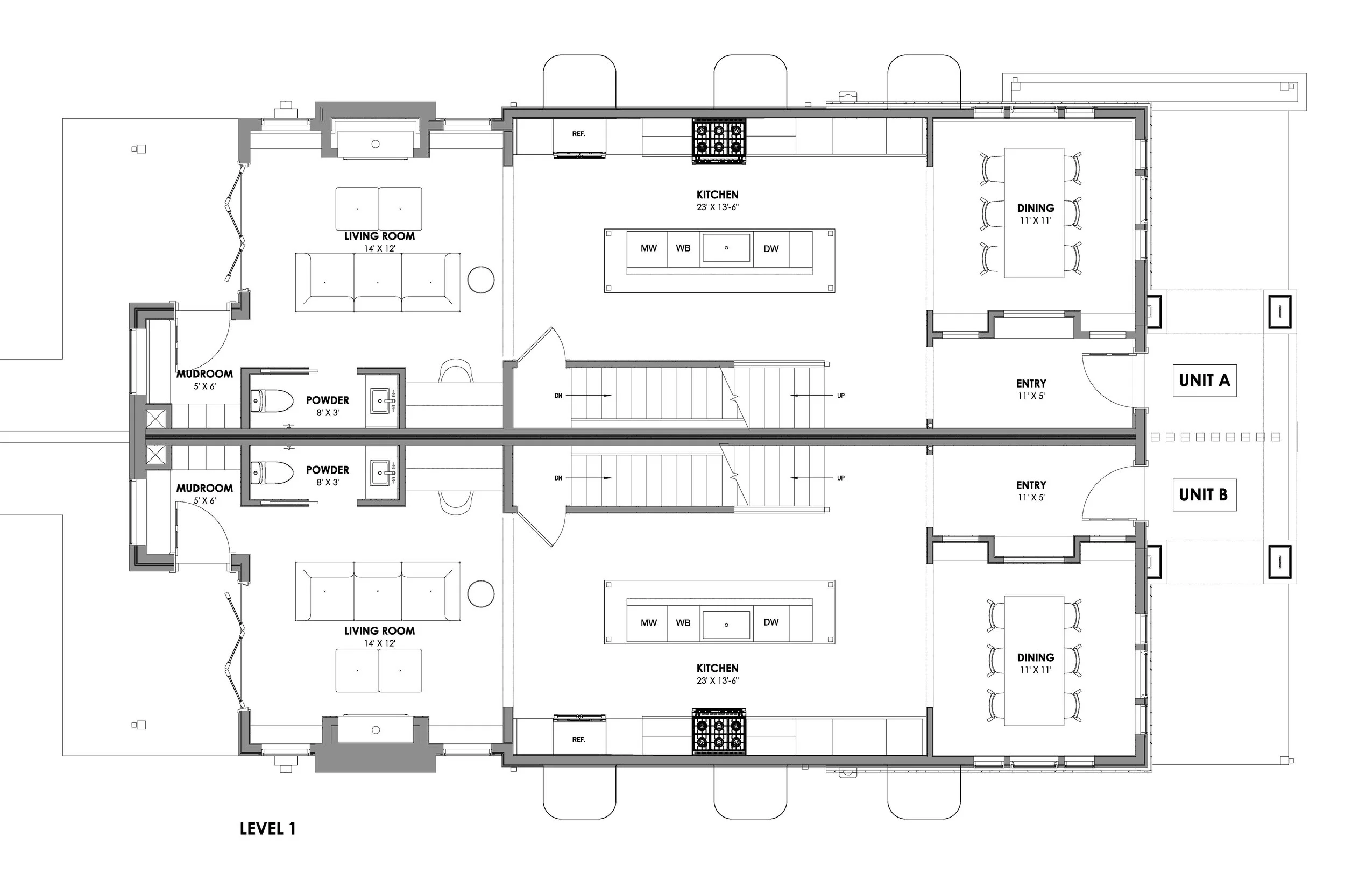 Level one floor plan of Nora, showing both units with a covered front porch, an eleven-foot entry, an eleven by eleven dining room, a twenty-three foot kitchen with an island, a living room, a powder room, and a mudroom at the rear door.