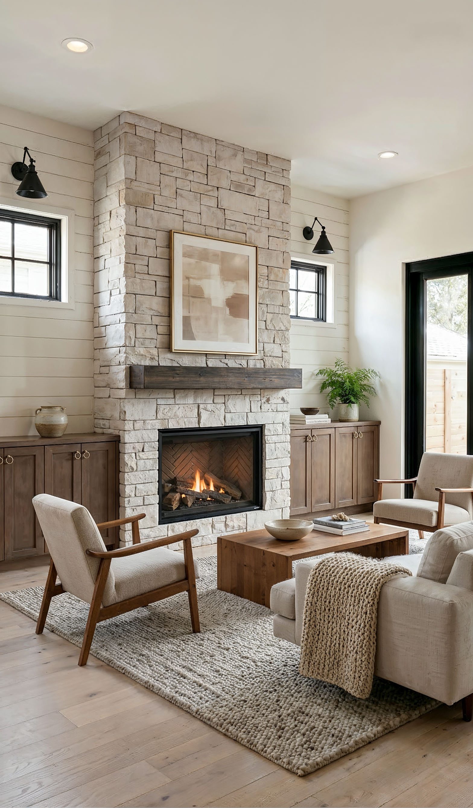 The living room of the Julian Street duplex, with a floor-to-ceiling stone fireplace, a reclaimed wood mantel, flanking wood cabinets, shiplap walls, and mid-century chairs.