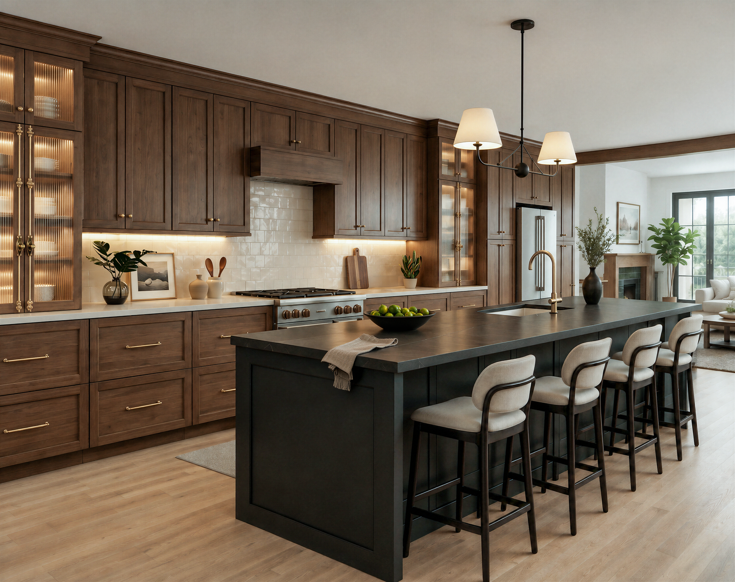 Close view of the Blythe kitchen, showing stained wood cabinetry and a professional range against a cream tile backsplash.