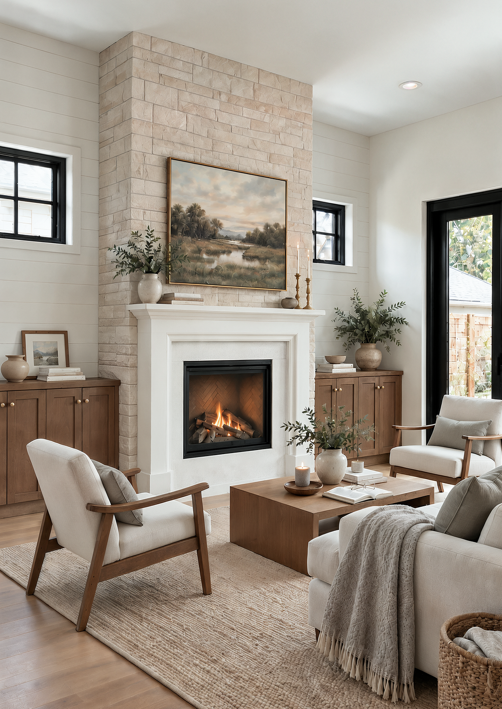 Living room at Nora with a natural stacked ledger stone fireplace wall, a painted mantel surround, shiplap on either side, and built-in wood cabinets under the windows.