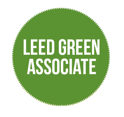 Green circular badge with white text reading 'LEED GREEN ASSOCIATE'.