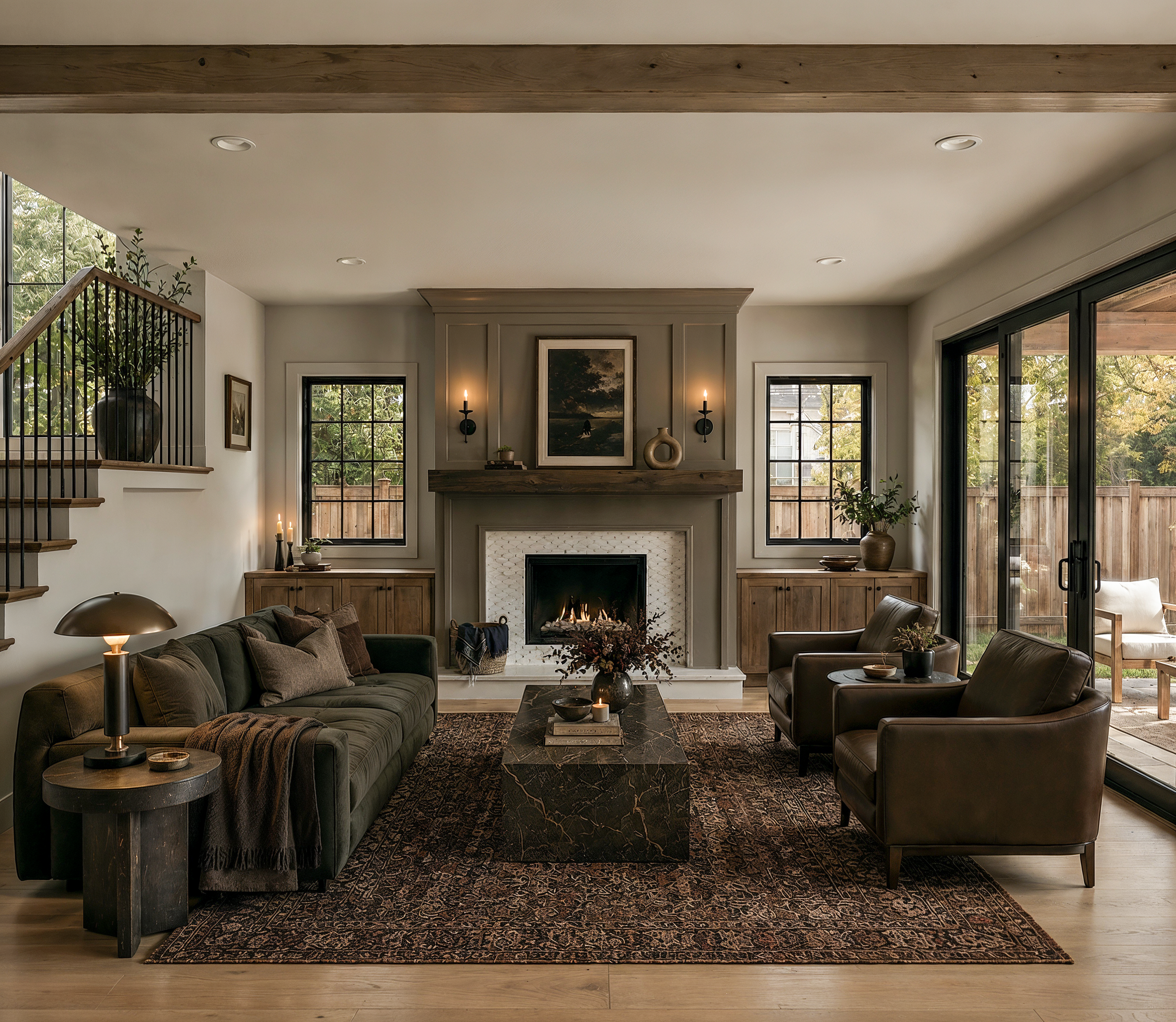 The great room of the Perry home, with a high-contrast fireplace flanked by warm wood cabinetry and stacked sliding doors to the outdoors.