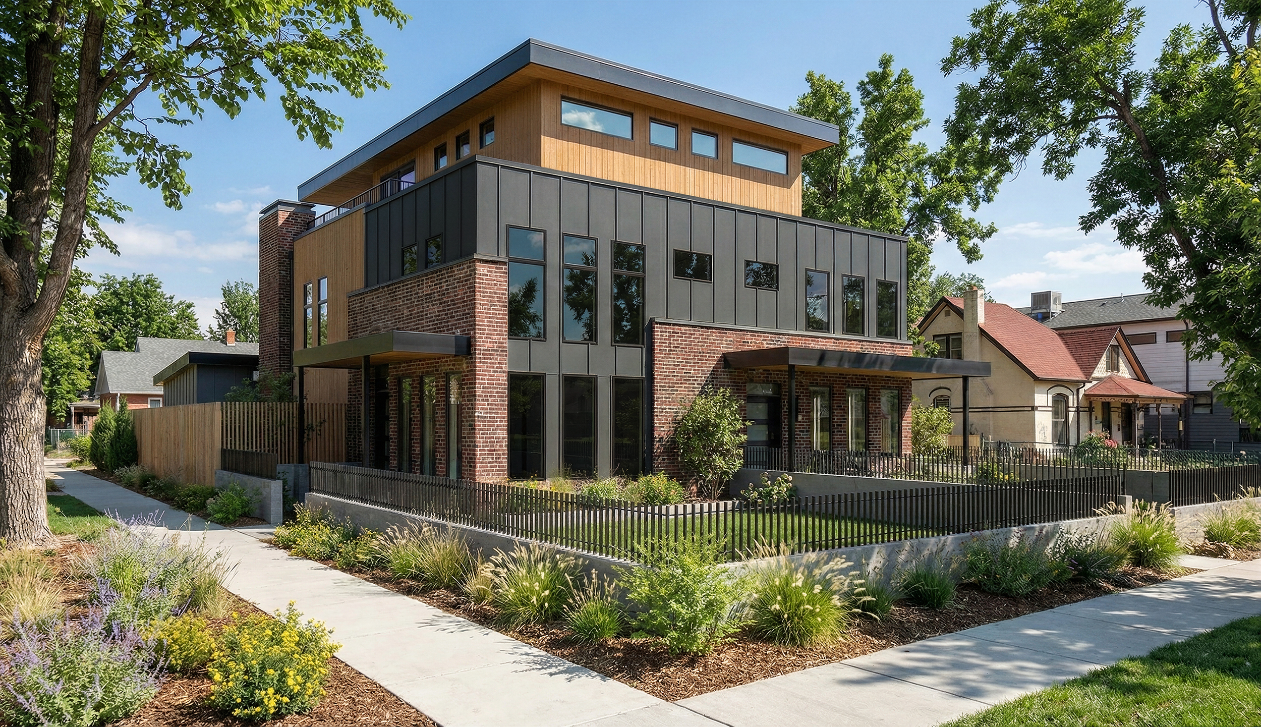 Modern multi-story house with brick, wood, and black panel exterior, surrounded by trees and a landscaped yard with a sidewalk.