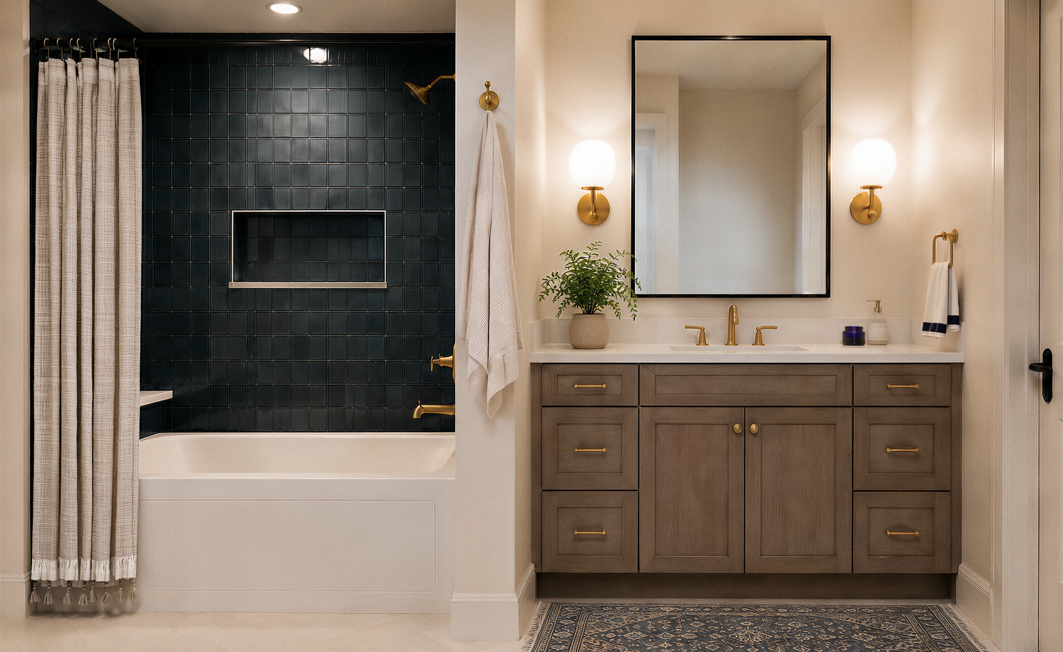 Hall bath at Blythe with dark glazed square tile in the tub surround, a recessed niche, brass fixtures, a warm wood vanity, and ribbed glass globe sconces.