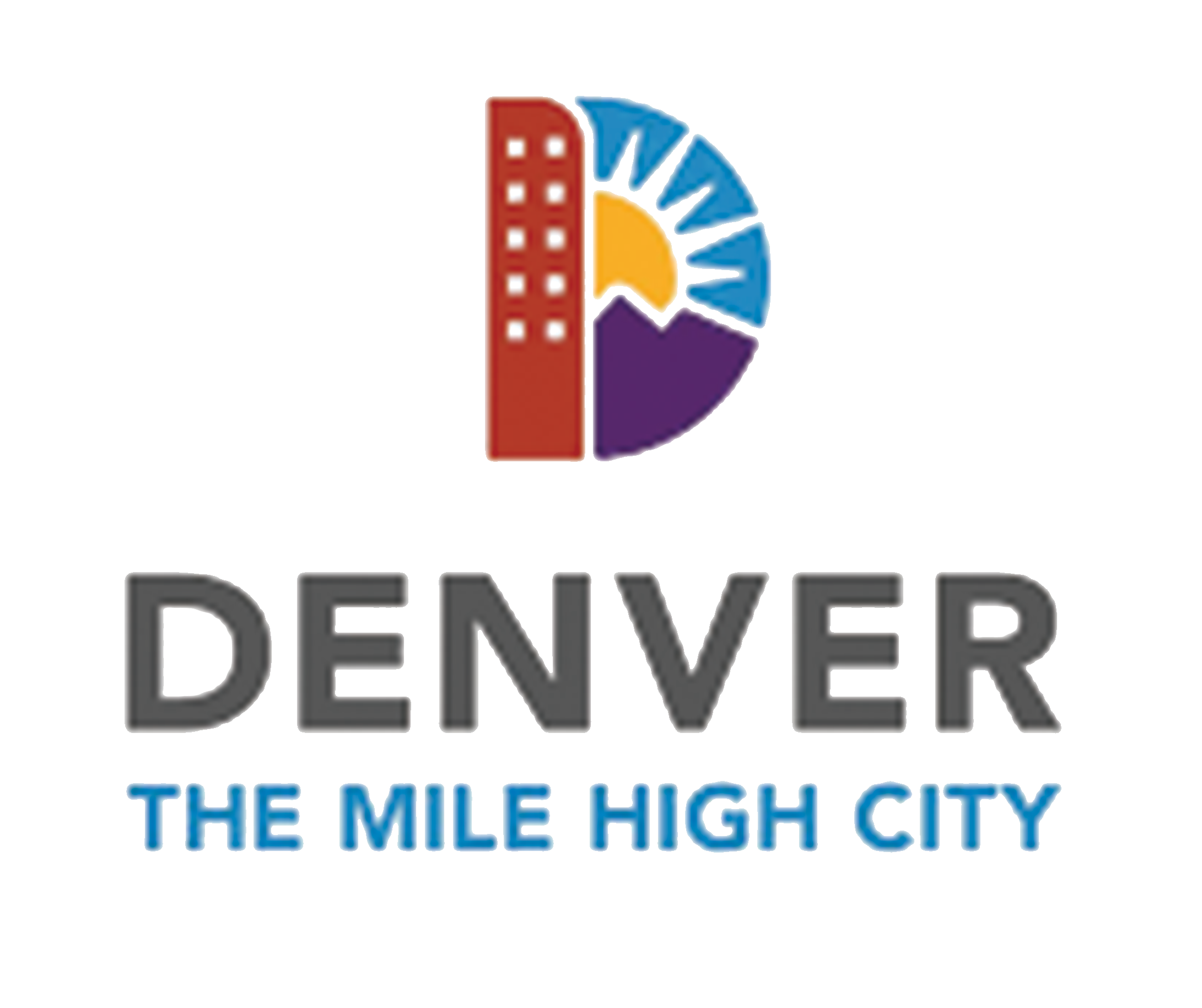 Logo for Denver, Colorado featuring a red building, a yellow crescent moon, and a blue mountain with the text "Denver, the Mile High City."