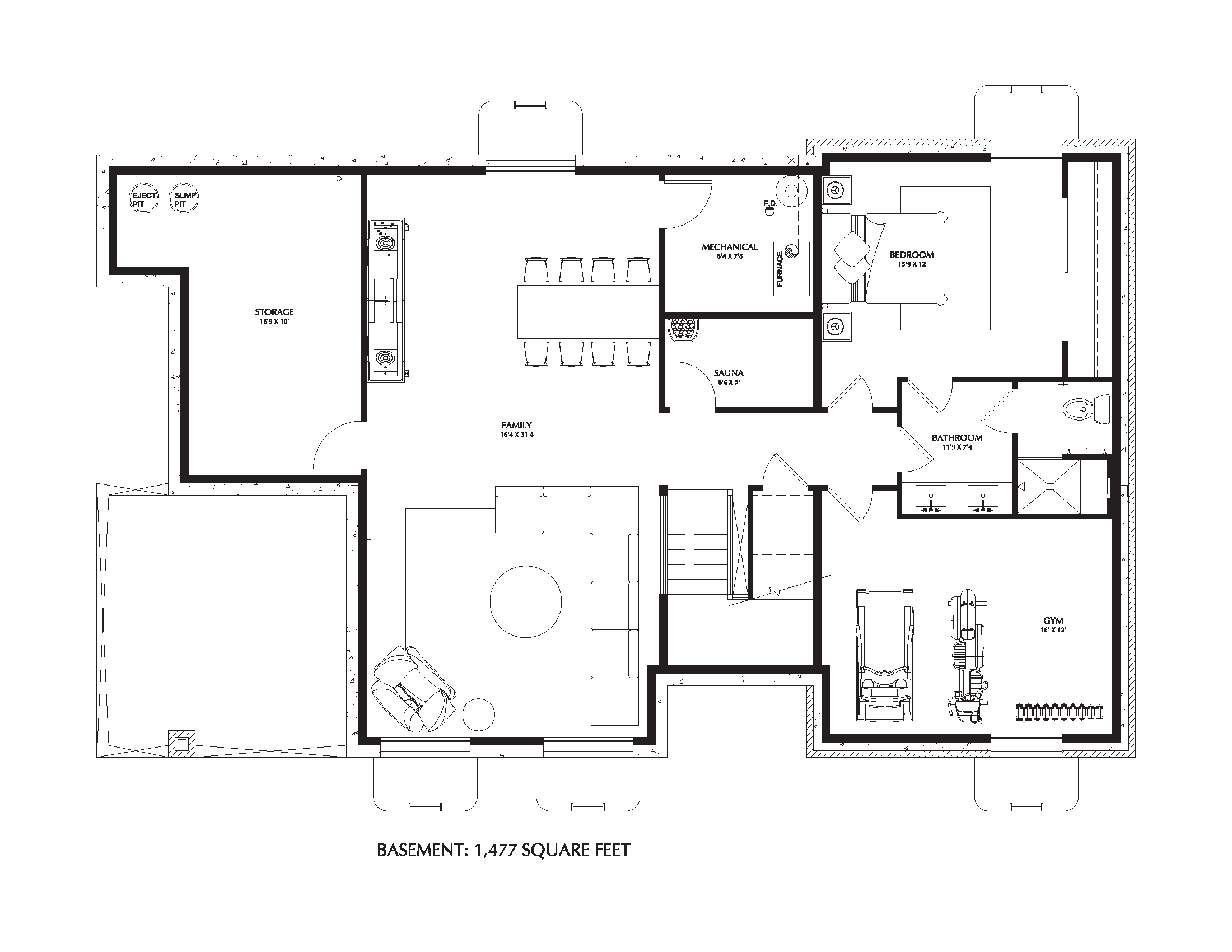Perry basement floor plan: family room, gym, sauna, bedroom, full bath, storage, and mechanical, 1,477 square feet
