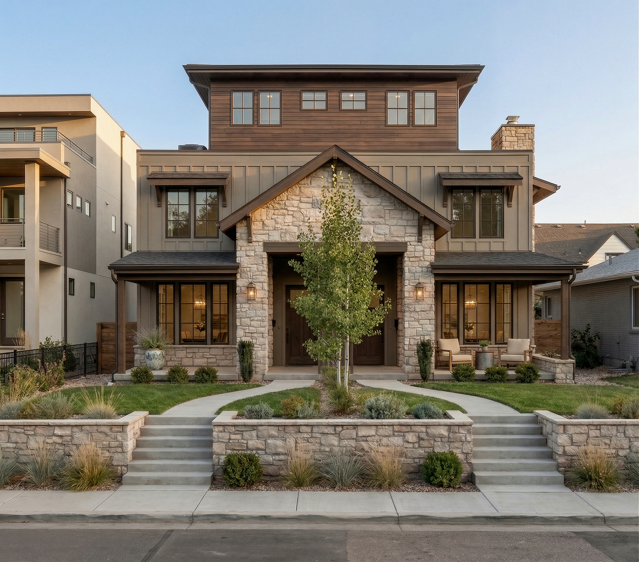 Architectural rendering of the Julian Street duplex by Sloan Building Co., a two-story stone and wood-clad home with twin covered entries in Denver&rsquo;s Sloan&rsquo;s Lake neighborhood.