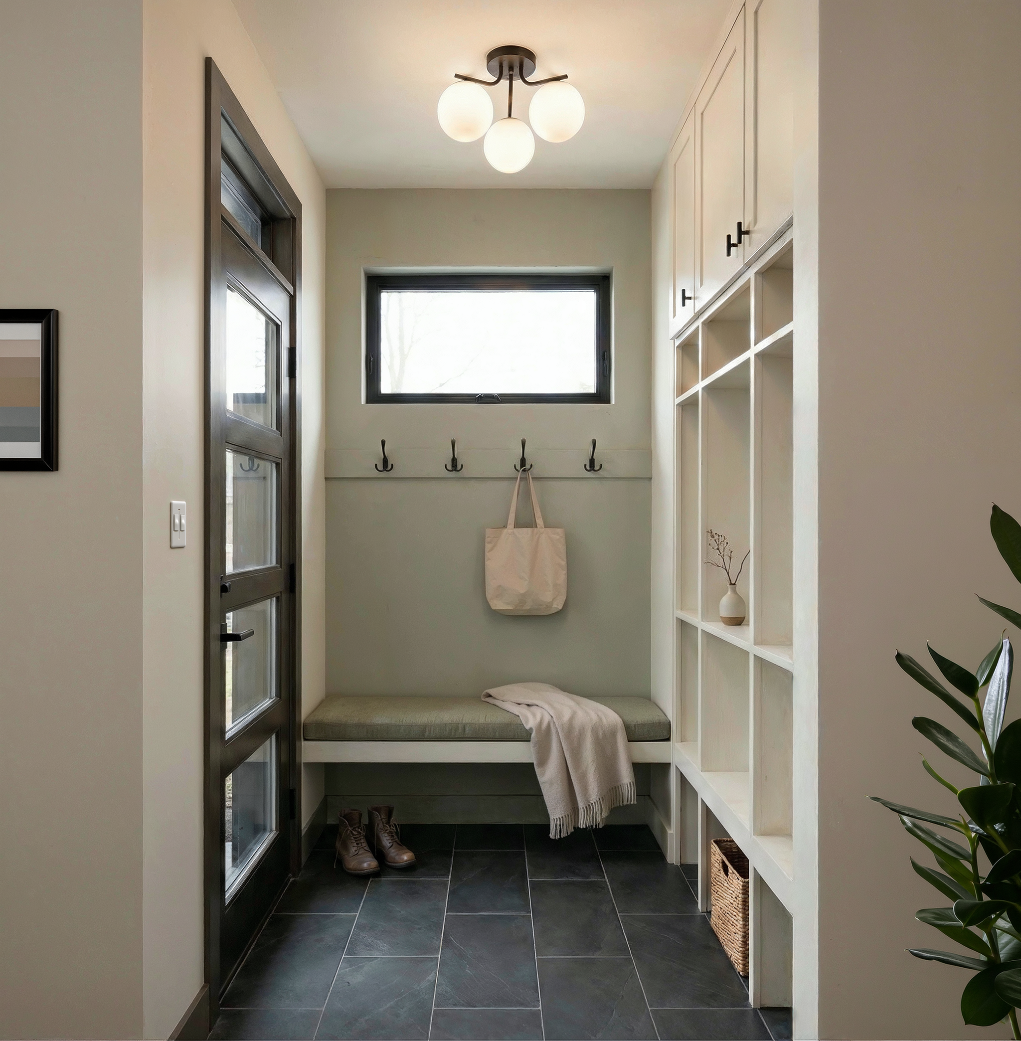 The mudroom of the Wyandot duplex, with cream cabinetry, a sage built-in bench, and slate tile floors.