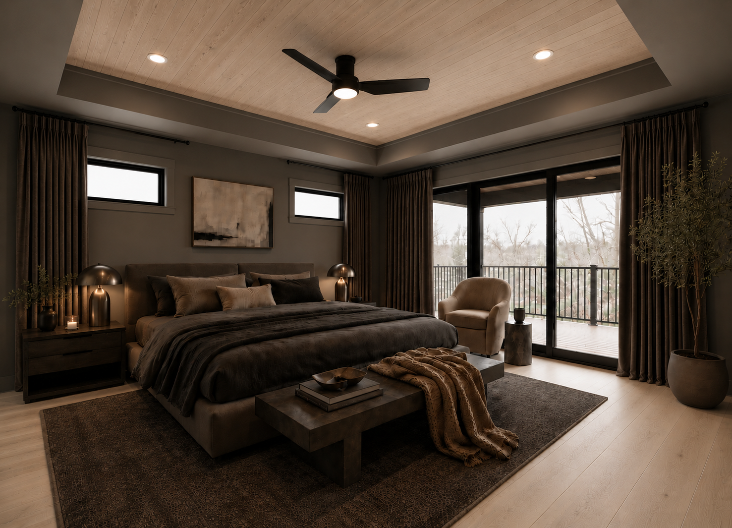 The primary bedroom of the Perry home, with deep bronze walls, a tongue-and-groove white oak tray ceiling, and sliding glass doors to a private deck.