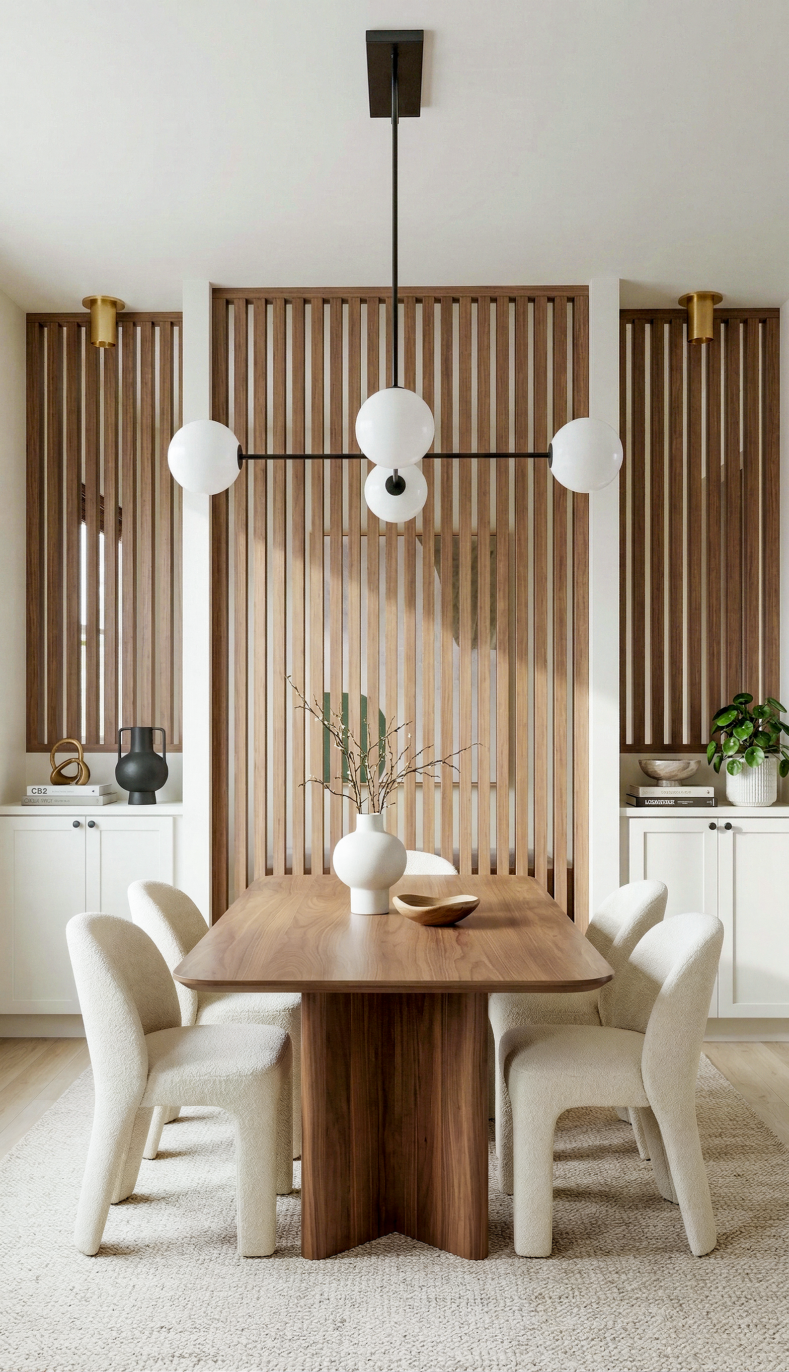 A modern dining room with a wooden table and six beige upholstered chairs. Neutral decor with white cabinets, decorative vases, books, and plants. Wooden slatted room divider and contemporary chandelier with spherical white bulbs.