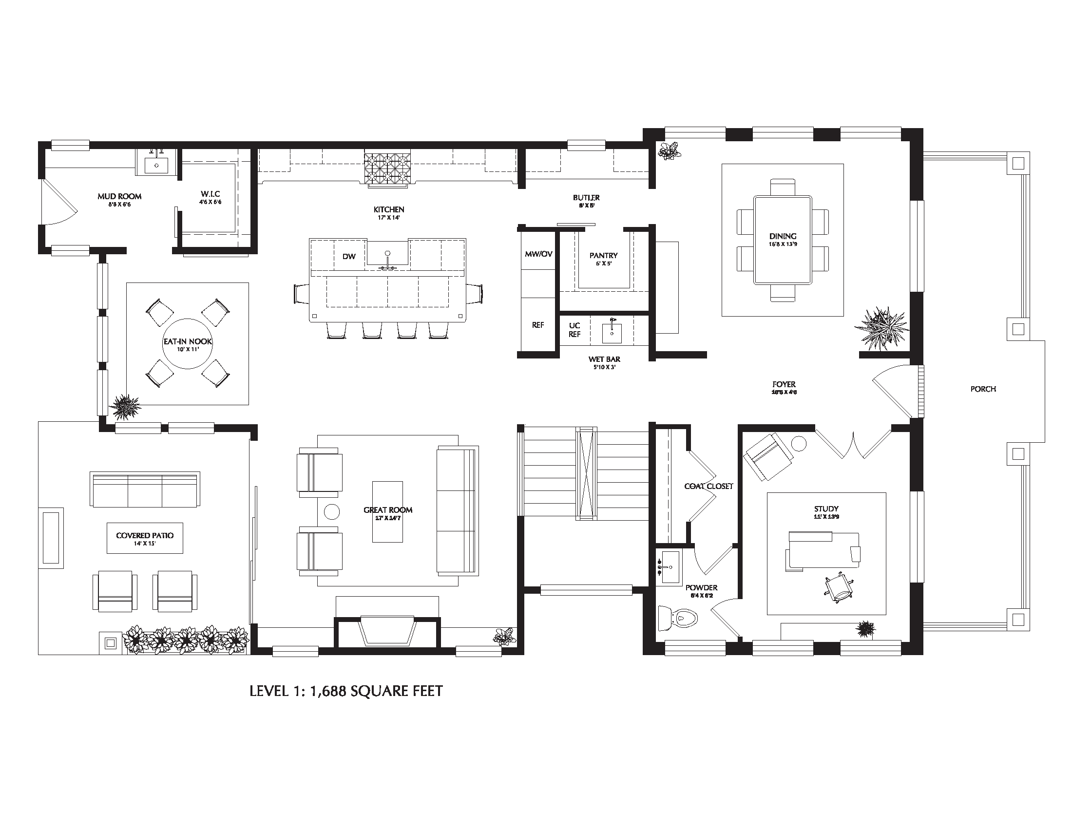 Perry first floor plan: mudroom, kitchen, butler's pantry, dining, eat-in nook, great room, foyer, study, powder room, and full-width front porch, 1,688 square feet