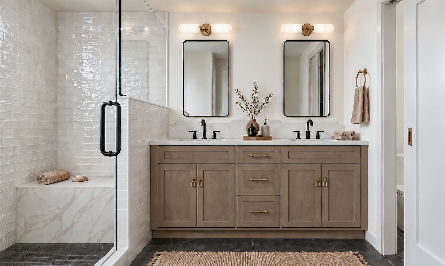 Primary bathroom at Nora with a wood double vanity, two black-framed mirrors, brass sconces, matte black faucets, a glass shower with a marble bench and glossy tile walls, and a dark stone-look floor.