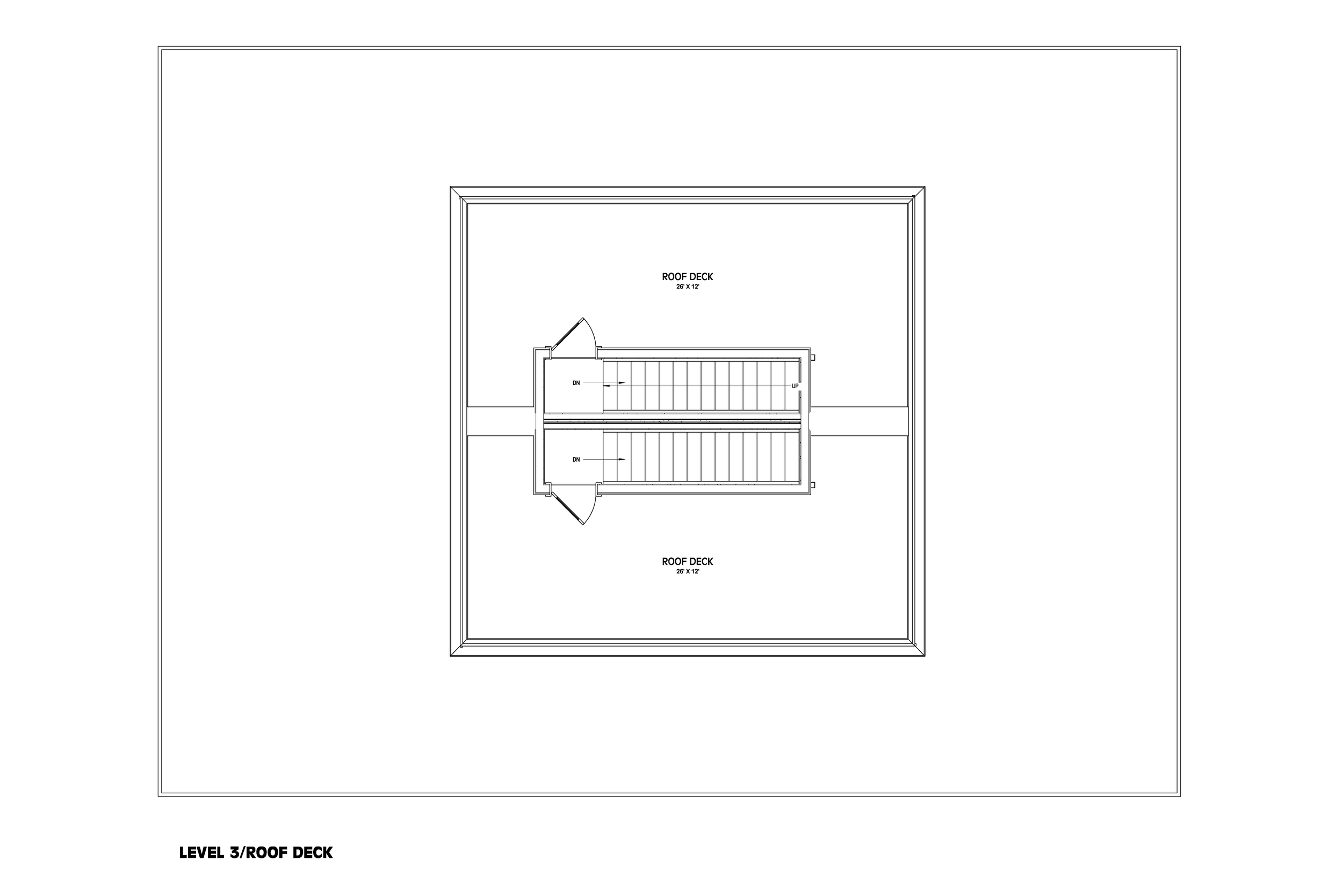 Roof deck plan of the Wren duplex, showing two decks at twenty-six by twelve feet, each reached by its own stair enclosure.