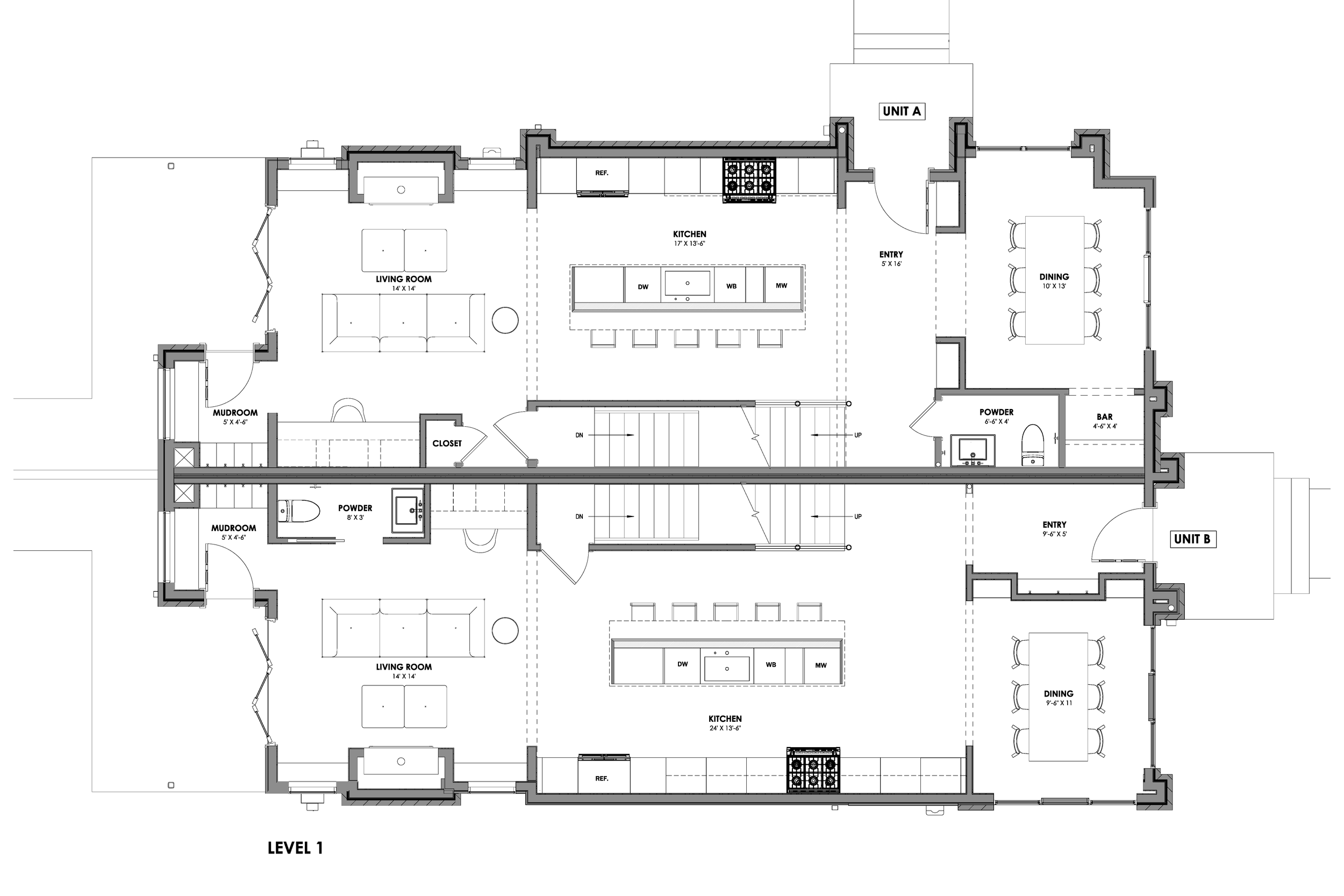 Level one floor plan of the Blythe duplex, showing both units with entry, dining, kitchen, living room, powder room, and mudroom.