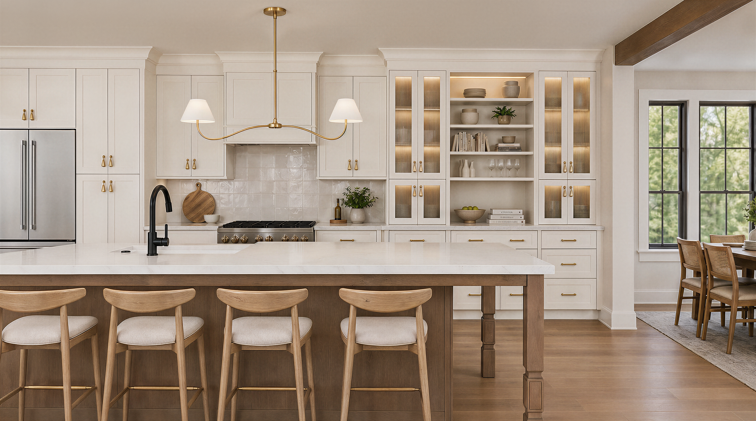 Kitchen at Nora with soft white cabinetry, a maple island under marble-vein quartz, a range hood matched to the cabinetry, a lit fluted-glass hutch with open shelves, zellige-style backsplash tile, and a brass two-arm pendant.
