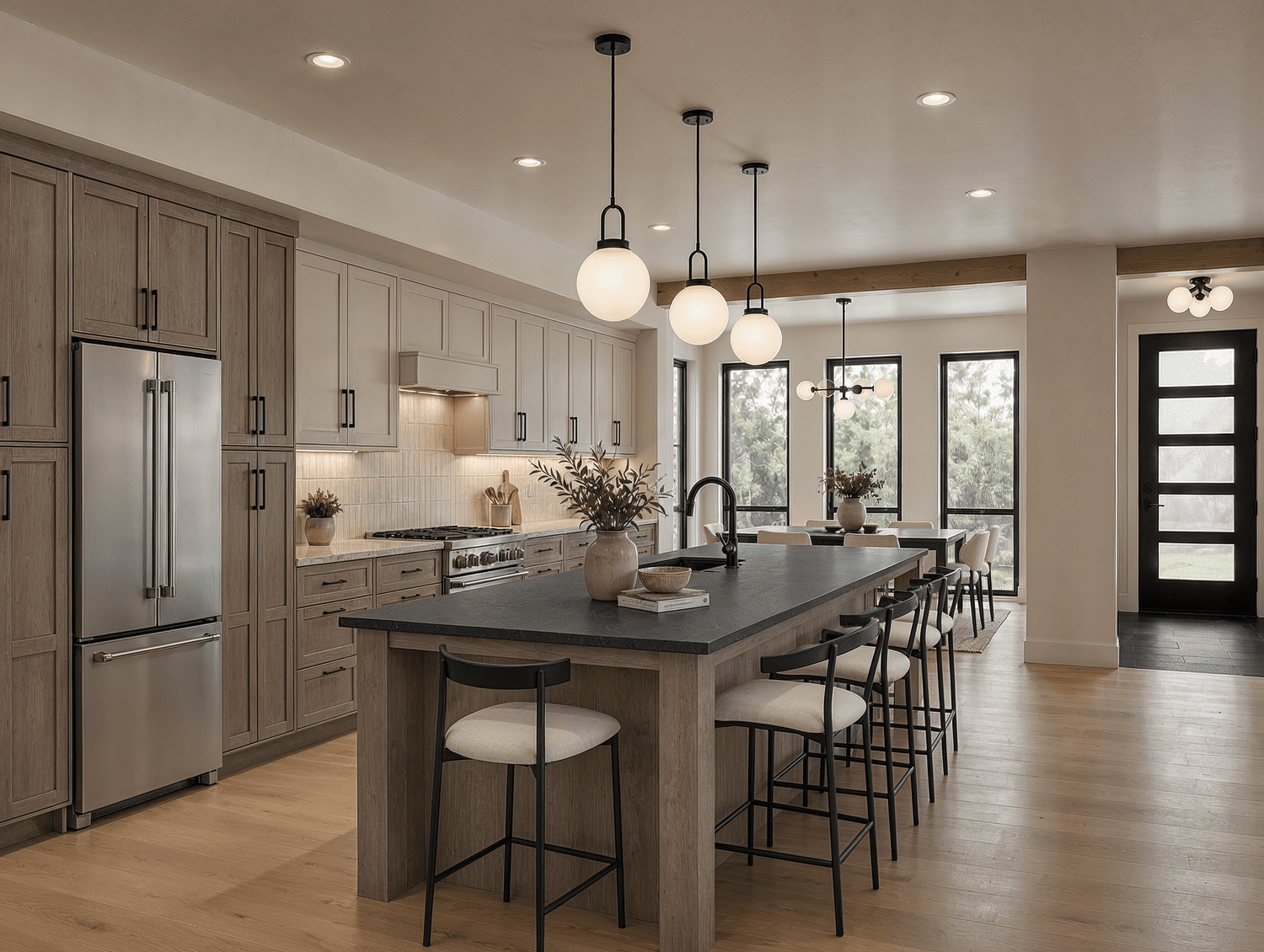 Close view of the Wren kitchen, showing white oak cabinetry and a professional range against a stacked cream tile backsplash.