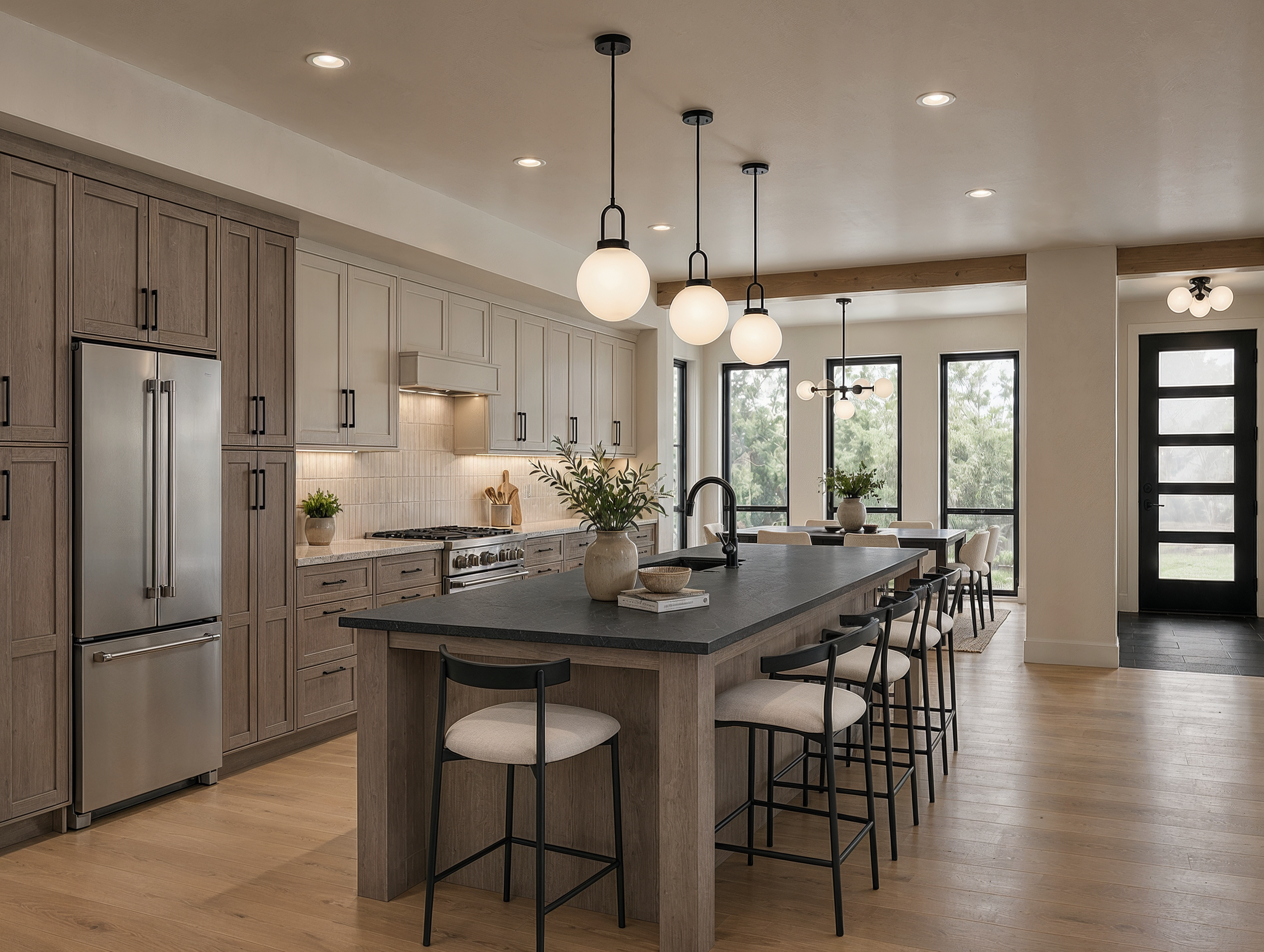 Kitchen at Wren with white oak base and pantry cabinetry, painted uppers, a leathered black stone island with seating for five, globe pendants, and an exposed beam into the dining area.