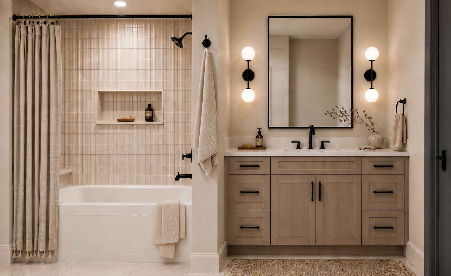 Jack and Jill bath at Wren with a stacked vertical cream tile tub surround, a recessed niche, a white oak vanity, matte black fixtures, and patterned floor tile.
