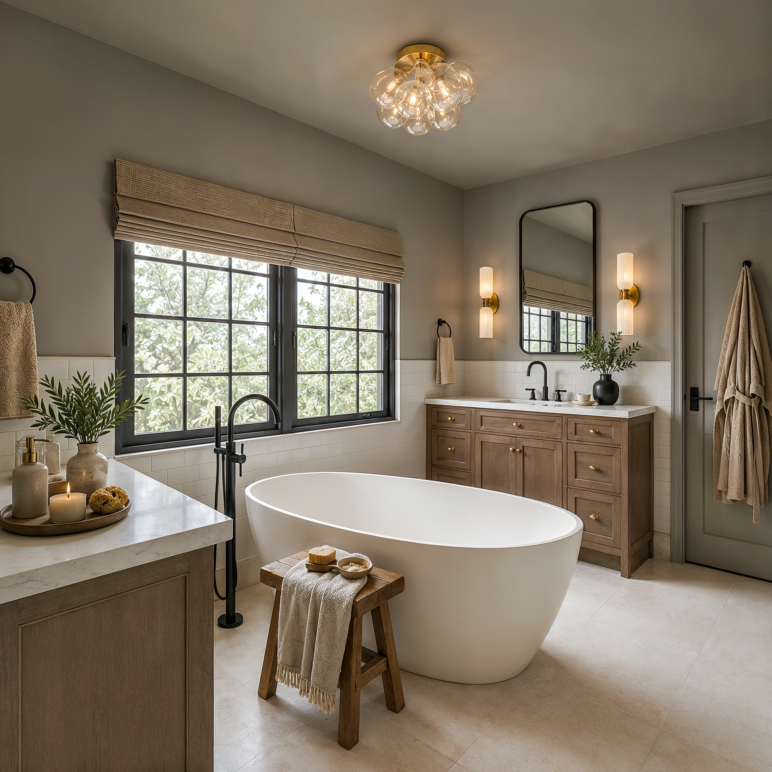 A primary bathroom in a Sloan home with a warm wood vanity, double sinks under rounded mirrors, black hardware, and a stone-walled walk-in shower with brass hexagon mosaic accents
