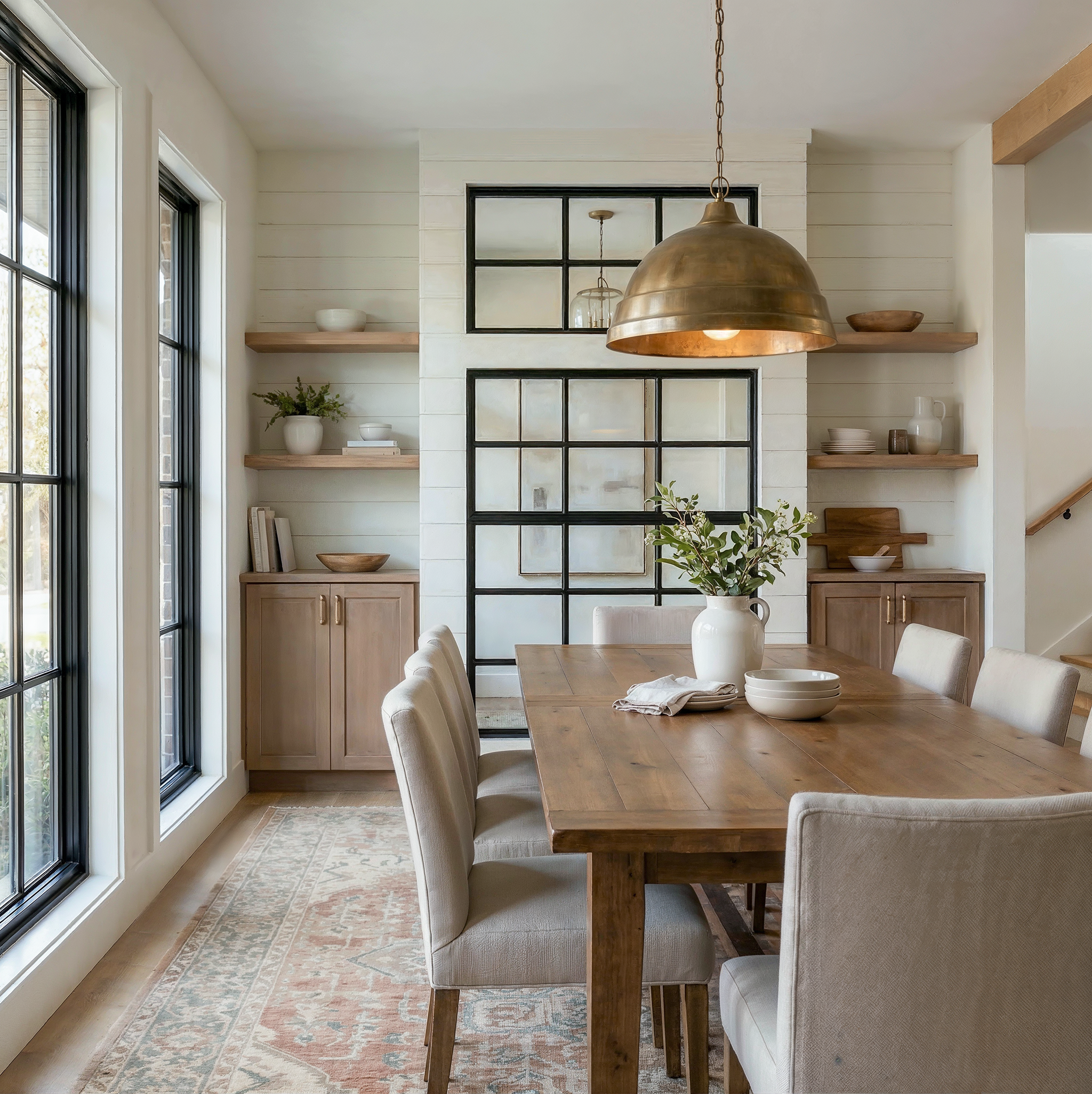 The dining room of the Julian Street duplex, with a wood table, upholstered chairs, a black steel-and-glass partition, floating wood shelves, built-in sideboards, and a brass dome pendant.