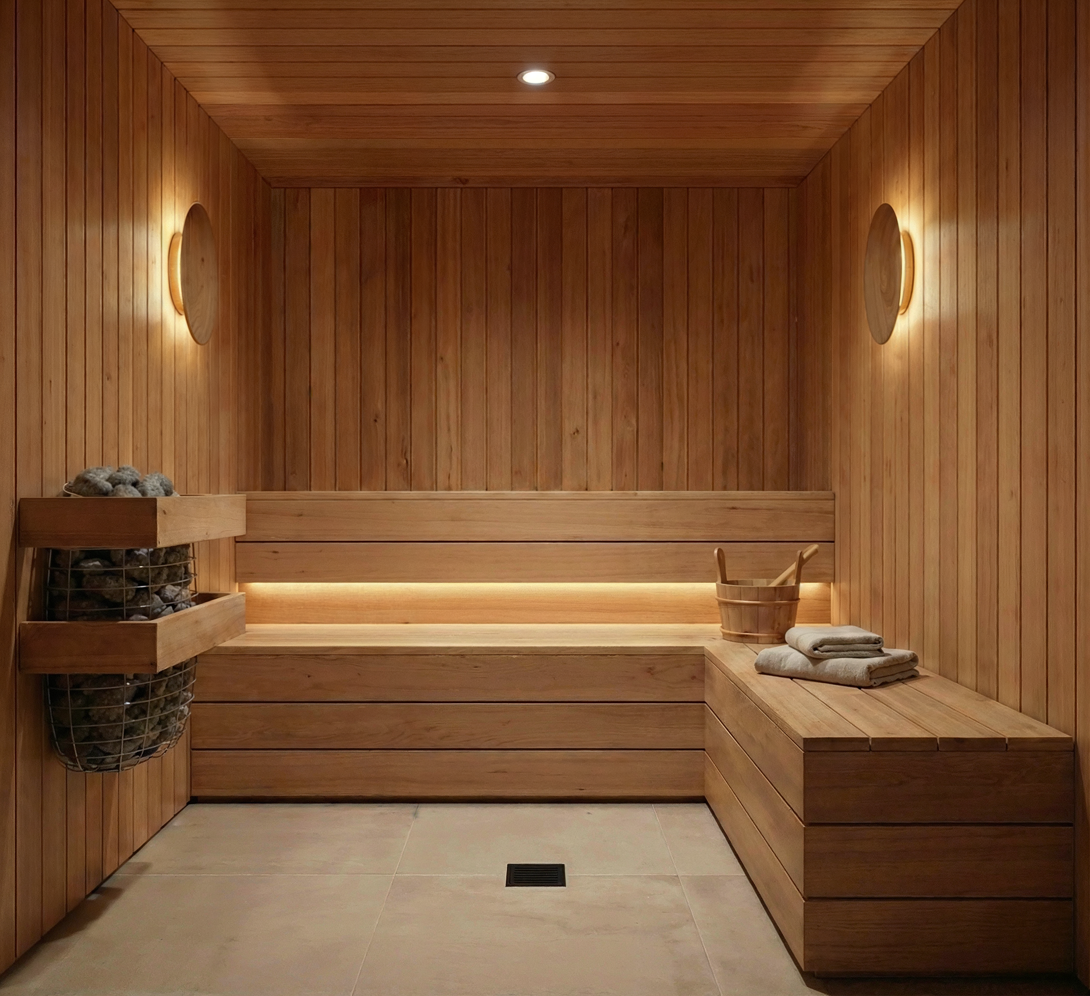 A wood-paneled sauna inside a Sloan-built home, with built-in bench seating and warm interior lighting