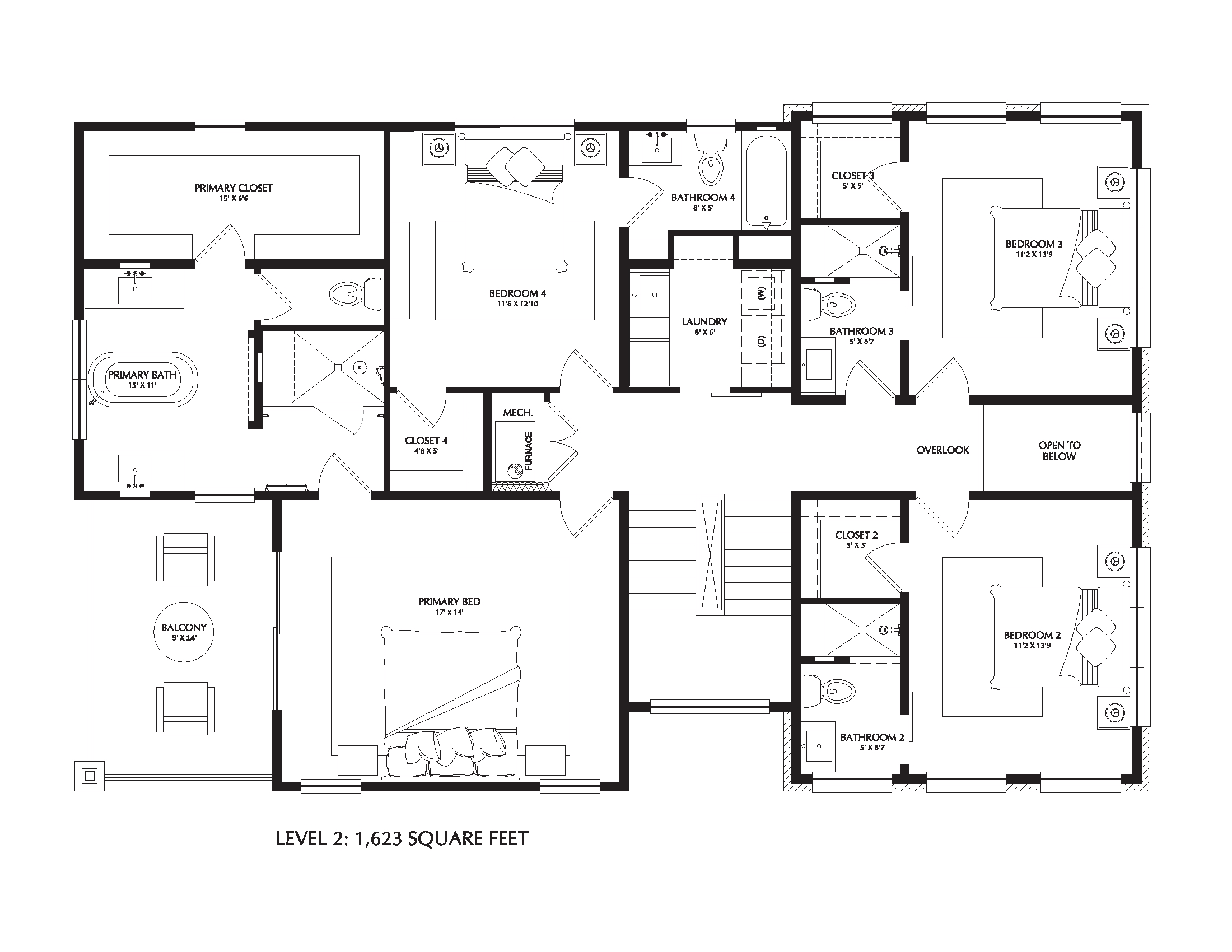 Perry second floor plan: primary bedroom, primary bath, primary closet, three additional bedrooms each with bath, laundry, and balcony, 1,623 square feet