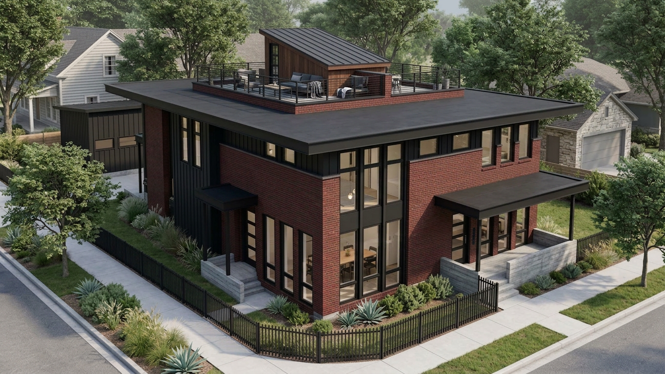 Another exterior view of Wren, a red brick duplex by Sloan Building Co. in Denver's Sunnyside neighborhood.