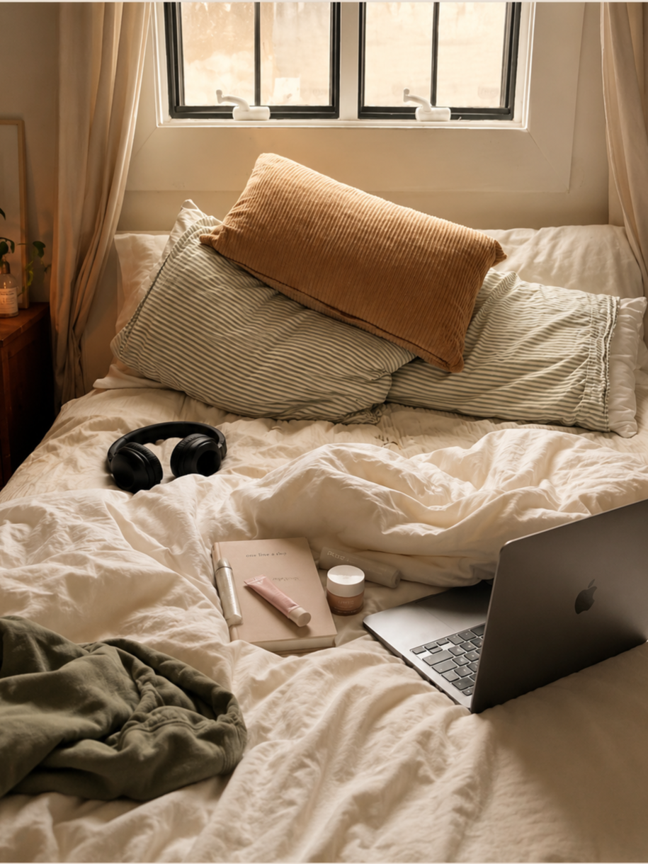 cozy unmade bed with cream bedding, headphones, skincare products, and a laptop featured on the Take Your Vitamins homepage to represent realistic wellness and emotionally supportive self care.