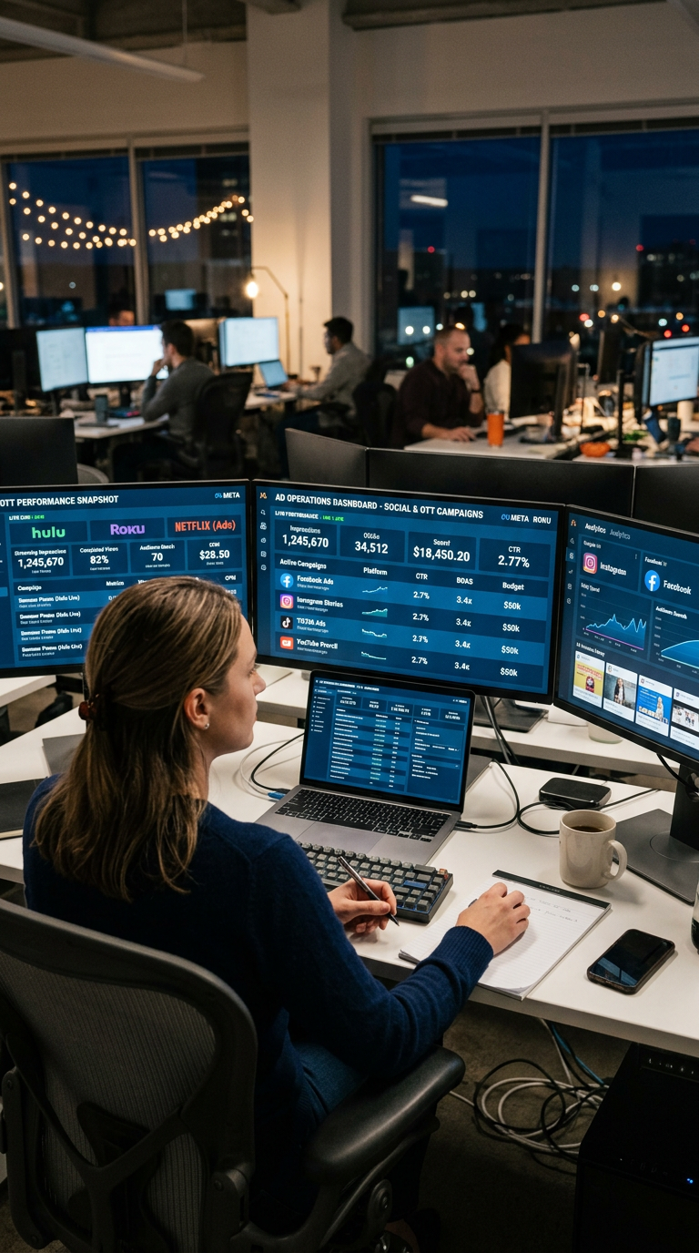 Woman working at a computer station with multiple monitors displaying social media and advertising analytics in a modern office with other employees working in the background.