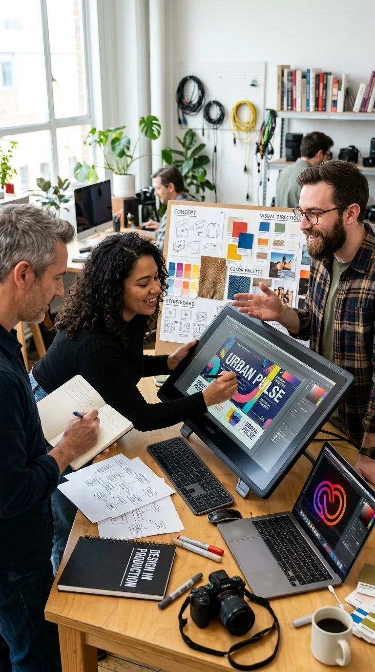 A diverse group of people collaborating in a modern office, working on graphic design projects with computers and digital tablets, surrounded by design materials and equipment.