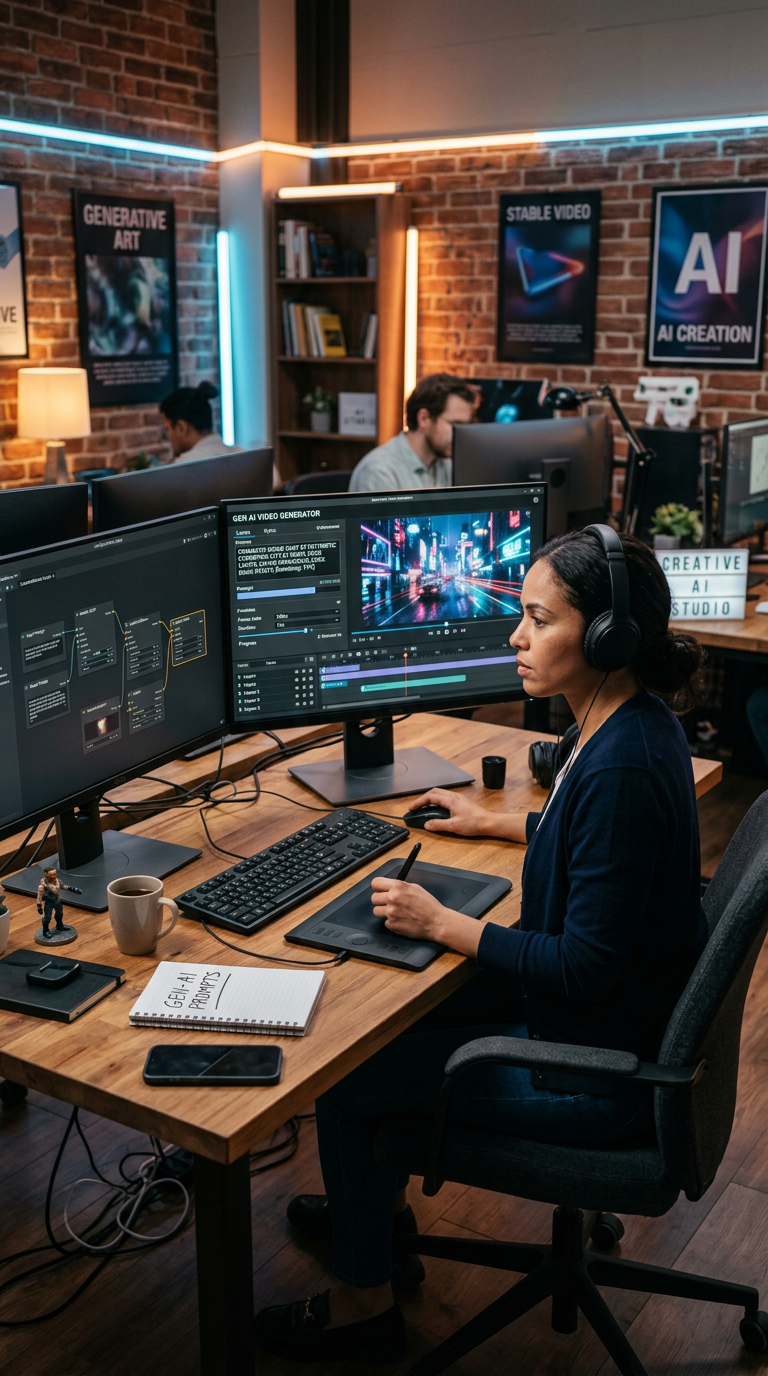 A woman working at a desk in a modern office with dual monitors, HDR graphics editing software open, and wearing headphones. The office has exposed brick walls, posters about AI and video generation, a bookshelf, and other people working at their desks.