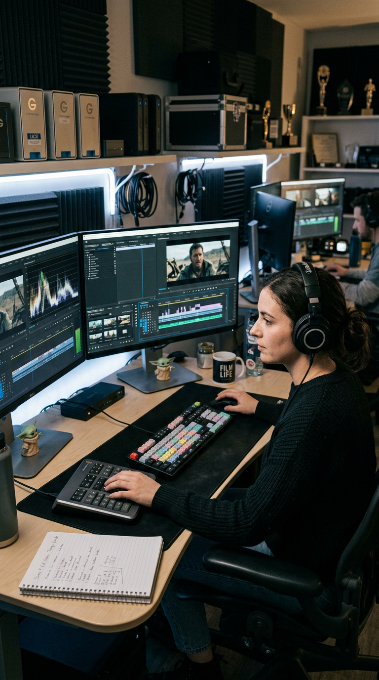 A woman working on video editing in a studio, wearing headphones, with multiple monitors, a keyboard, and a notepad on the desk.