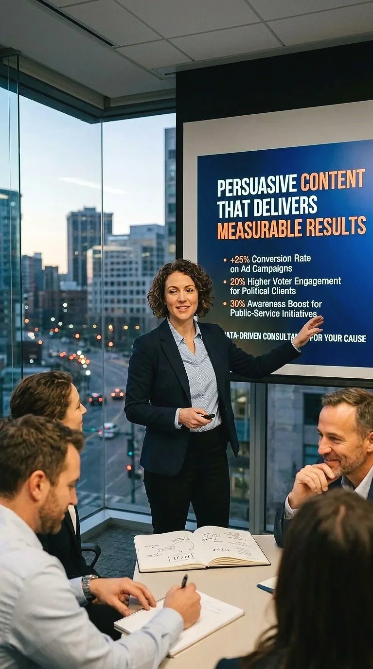 A woman giving a presentation to a group of professionals in a modern conference room with large windows showing a cityscape. The presentation slide promotes persuasive content for measurable results.