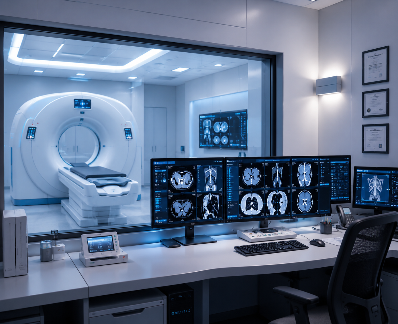 A modern medical imaging room with an MRI machine and multiple computer screens displaying brain scans.